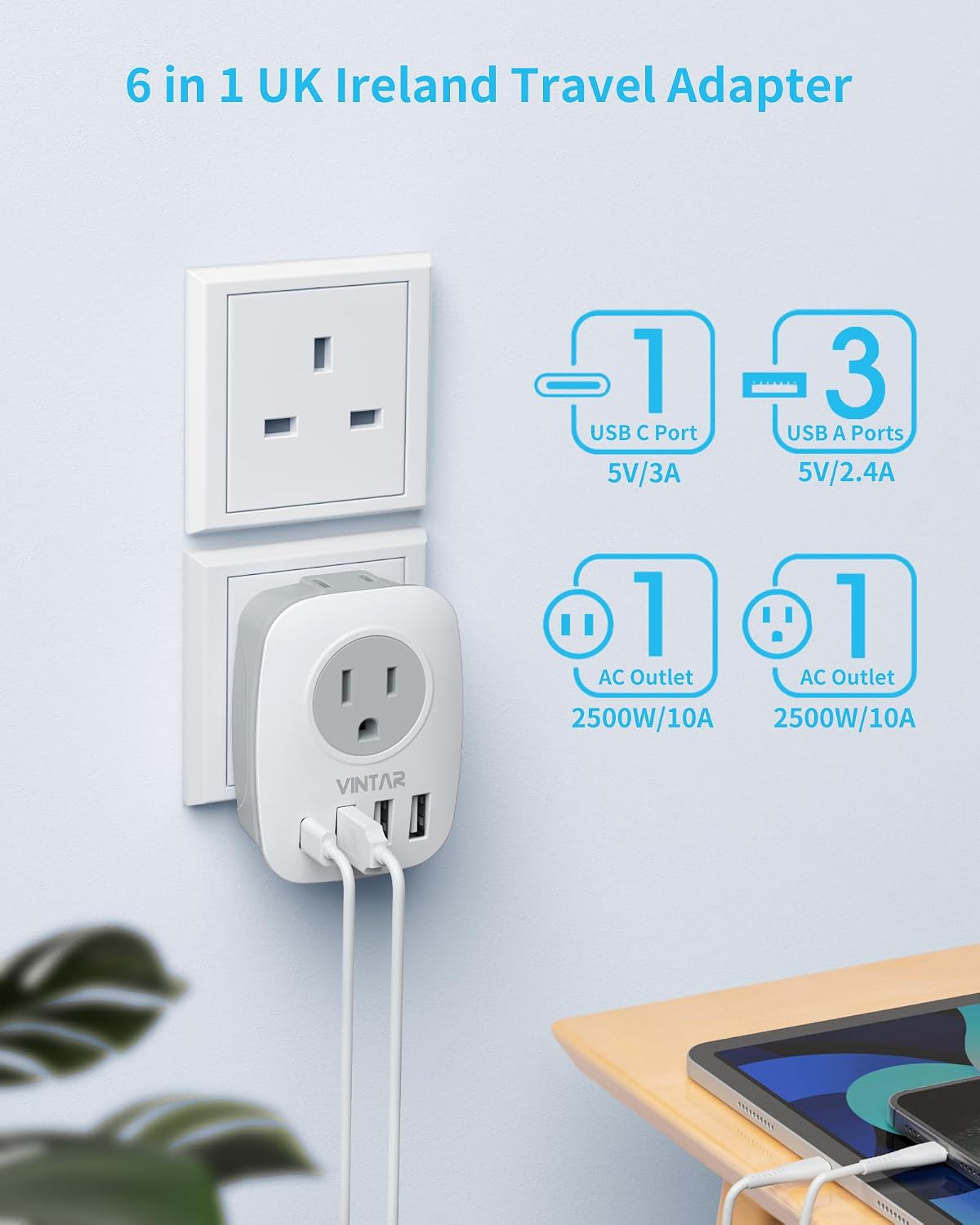 VINTAR US to UK Ireland Travel Plug Adapter, 2 Pack Type G Power Adapter | 6 in 1 with 2 Outlets and 4 USB Ports(1 USB C), Travel Essentials for USA to England London Scotland Dubai Hong Kong British