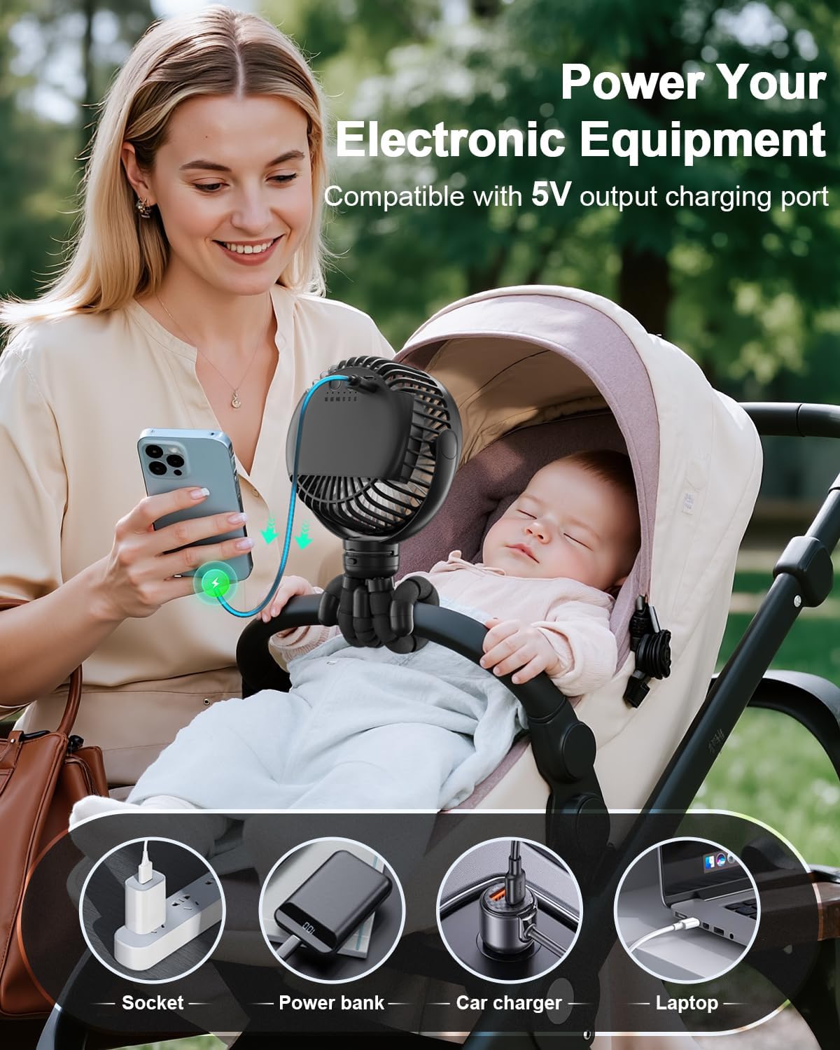 FRIZCOL Portable Stroller Fan, Use As Power Bank, 65H 12000mAh Battery Operated Fan Flexible Tripod Baby Car Seat Fans with Timming, Personal Mini Handheld/Desk/Small Clip On Fans For Stroller