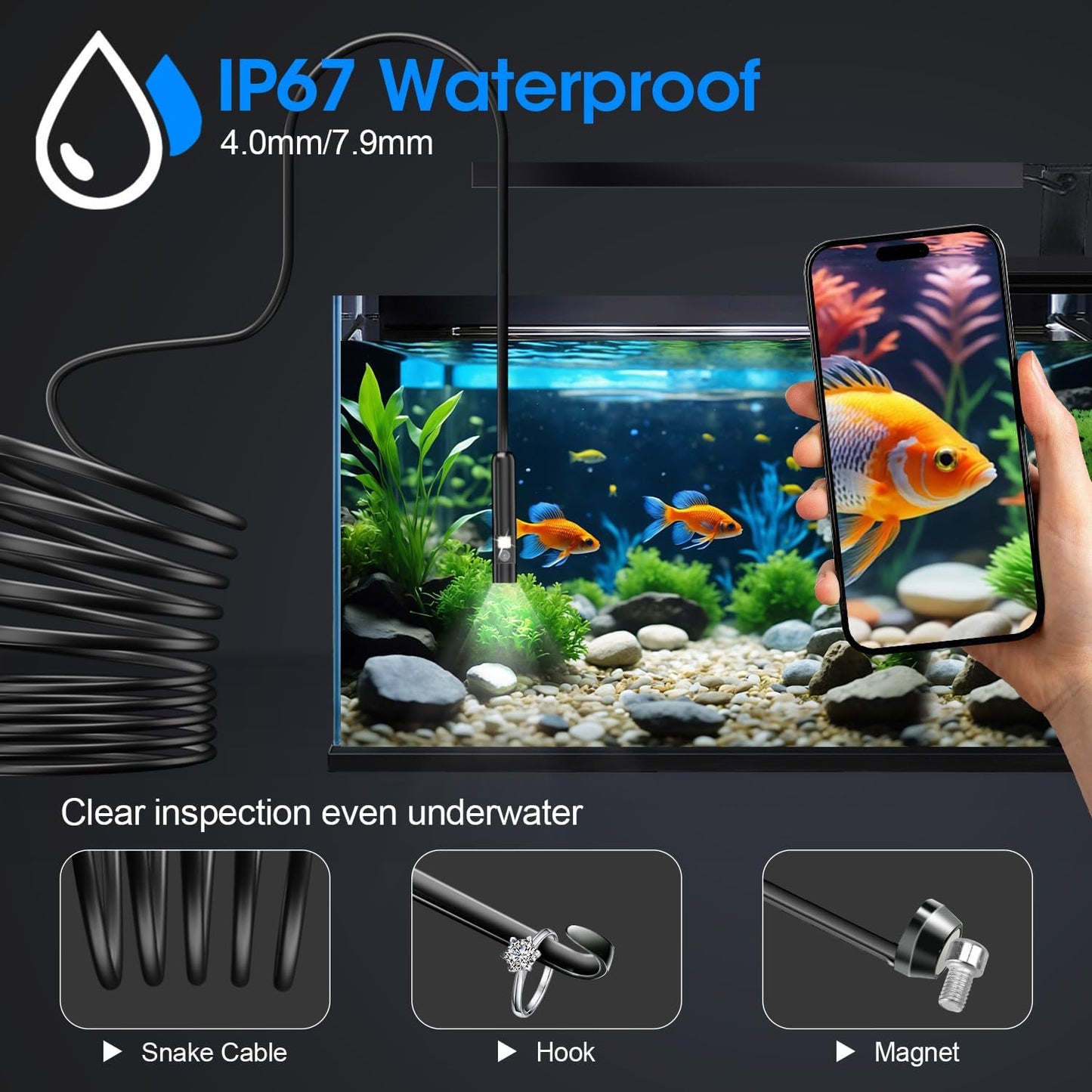 Endoscope with Light, 1920P HD Borescope with 8 Adjustable LED Lights, Semi-Rigid Snake Camera, IP67 Waterproof Inspection Tool (16.4ft, Black Harness + Dual Lens)