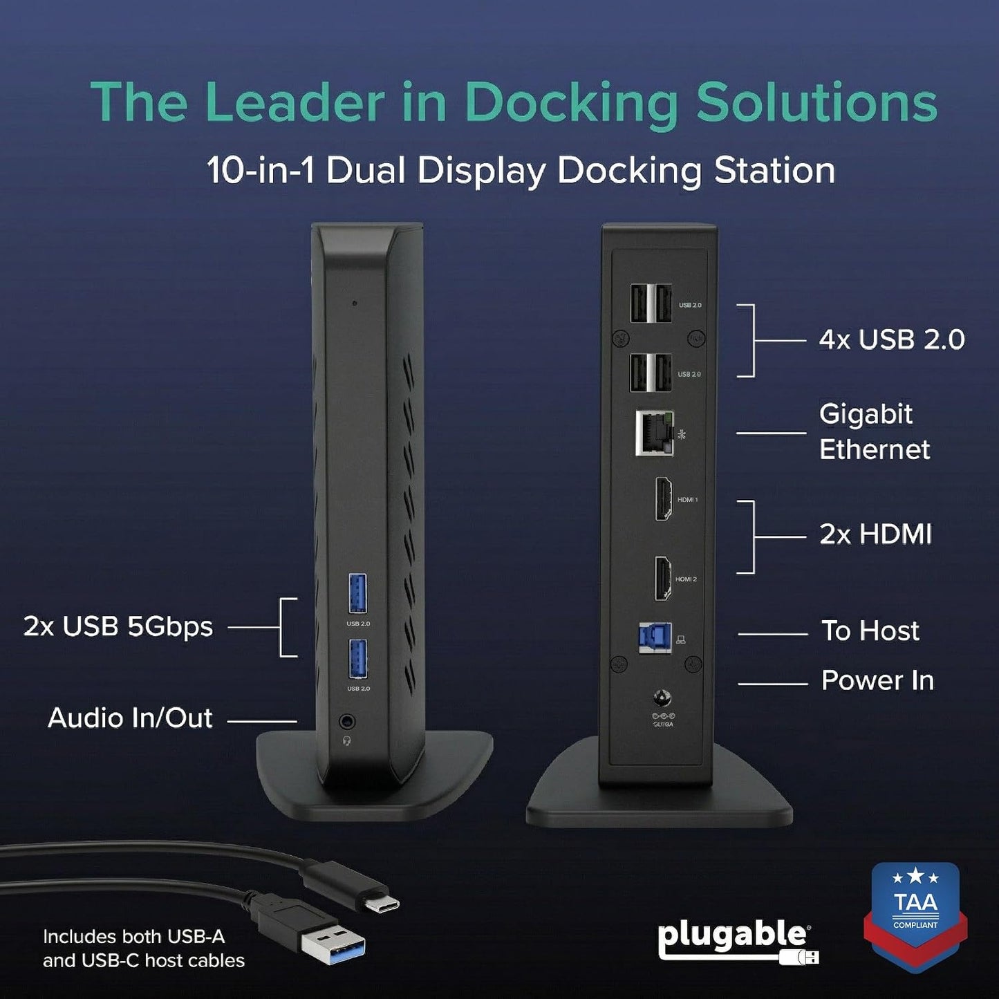 Plugable Dual 1080p HDMI Universal Docking Station for USB-C & USB 3.0 Laptop, 10 Ports, Windows/ChromeOS Plug & Play, macOS Driver Required (UD-3900Z)