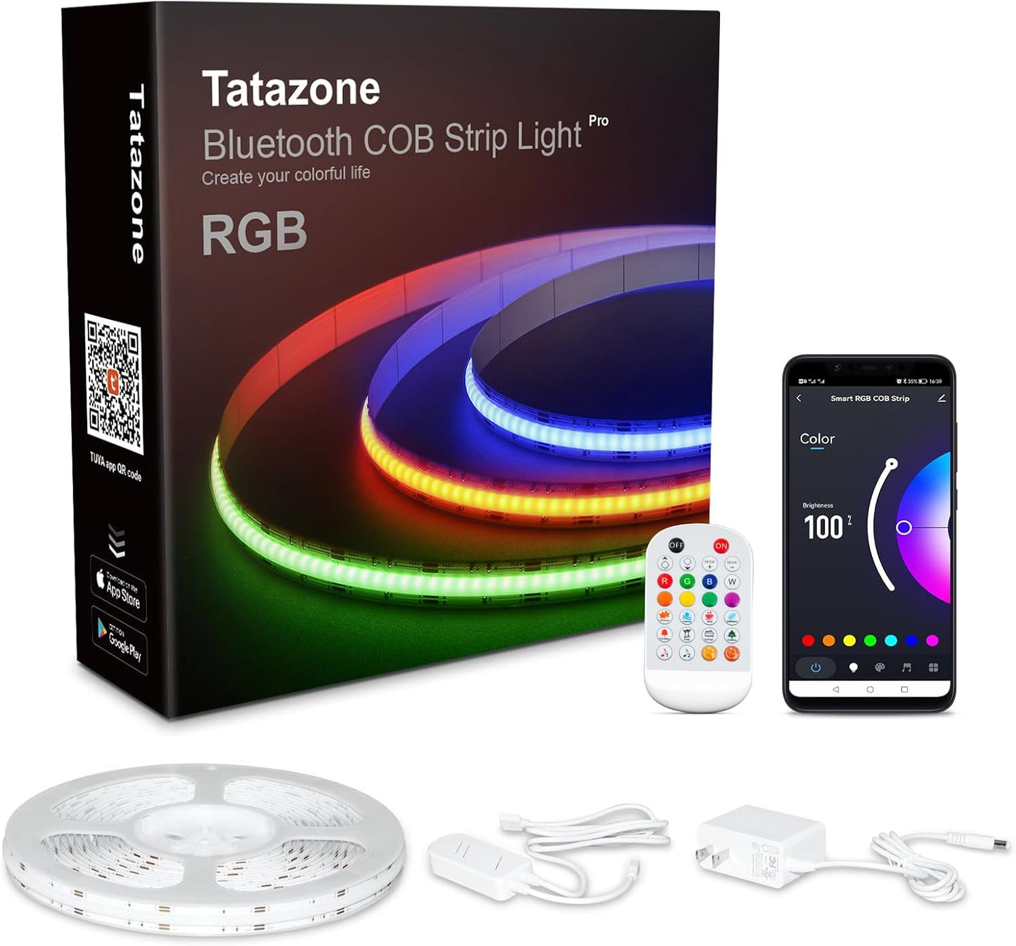 Tatazone 4.92ft Bluetooth RGB COB Led Strip Lights with Remote, Dimmable Smart App Led COB Light Strip, Color Changing Music Sync, Indoor RGB Led Lights for Bedroom, Home Decor, Party