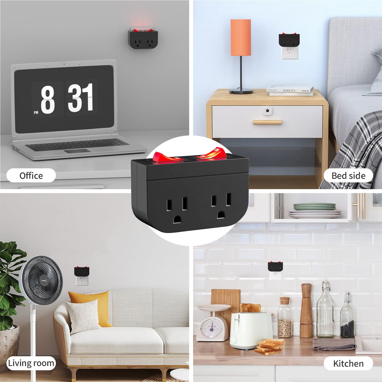 3Pack - POWAWINI Grounded Outlet with Double On Off Switch, Two Port Electrical Outlet Plug Switch, Wall Tap Adapter with Daul Red Indicator, 1875W,15A, ETL Listed (Black)