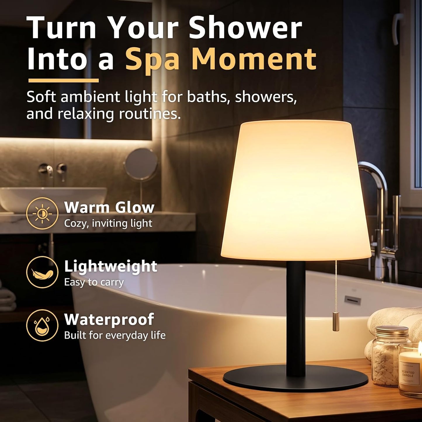 uuffoo Shower Lamp Rechargeable Cordless Light Waterproof for Bathroom Spa | Portable Battery Operated Table Lamp RGB Mood Lighting LED Night Light for Patio kitchen Camping (Black)