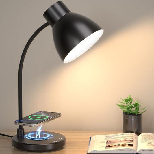 Desk Lamps for Home Office - LED Desk Lamp with Wireless Charger, 3 Color Modes Dimmable Eye-Caring Study Reading Desk Light, Small Flexible Arm Table Lamp for College Dorm Room Bedside, Black