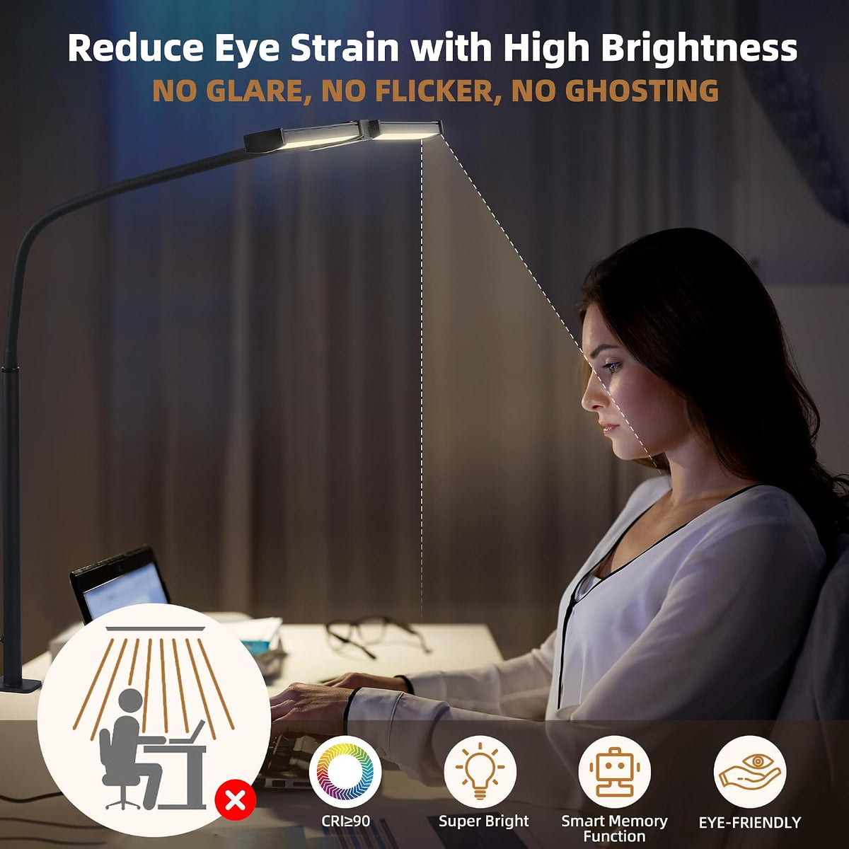Motumen Led Desk Lamp for Home Office, Eye-Care Desk Light Clamp, White