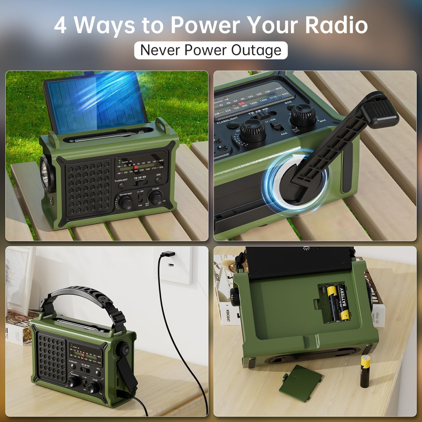 12000mAh/44400mWh Emergency Radio, NOAA Weather Radio, Hand Crank & Solar | Clear Signal, AM/FM Portable Radio, AC Input, Rechargeable Battery, Flashlight and SOS for Outdoor Survival and Power Outages