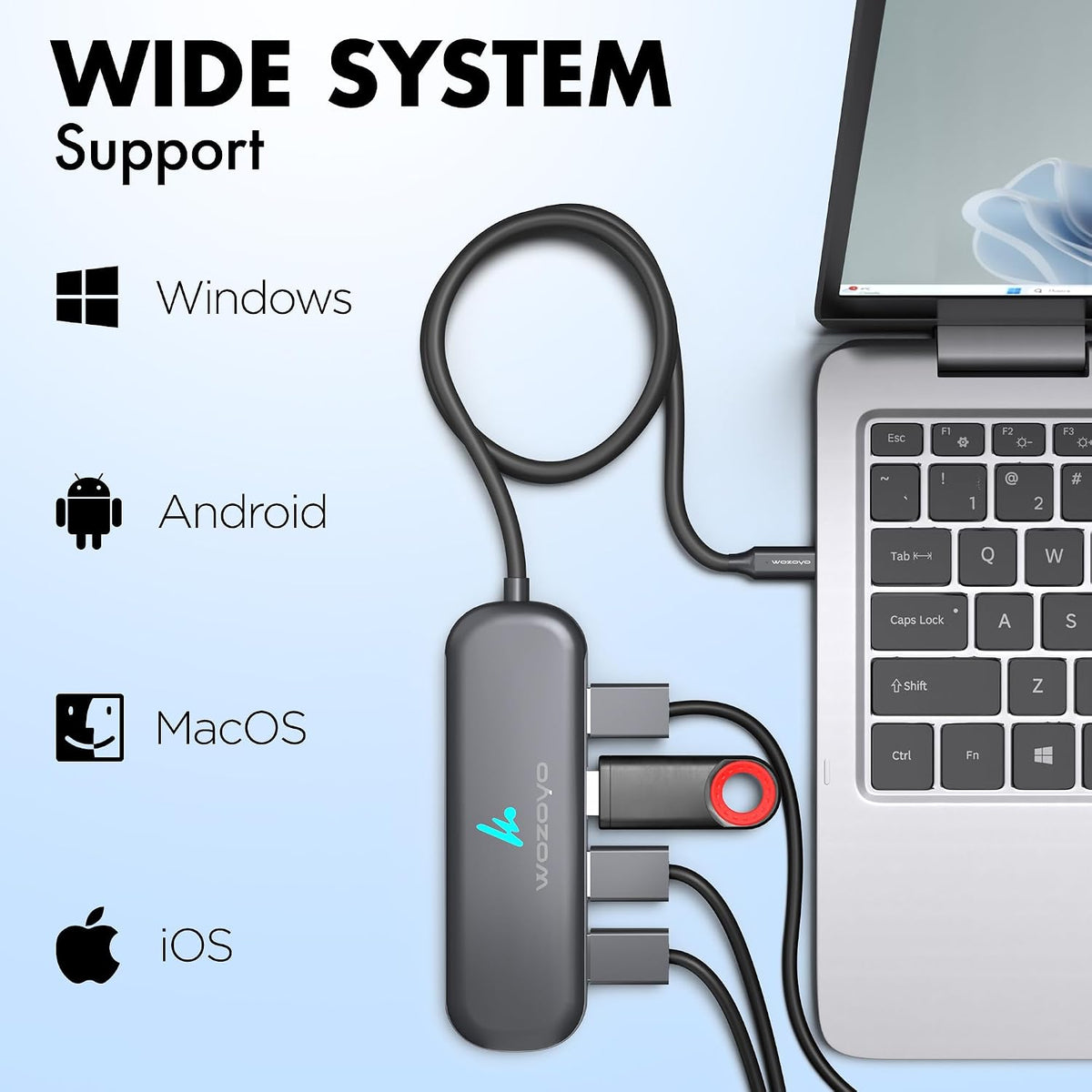 Type C to 4 Port Wozoyo USB 3.2 Hub, 4XUSB 5 Gbps, Data Transfer Upto 5Gbps, Plug & Play, Multiport Type C Hub with 30cm Cable, Compatible with MacBook, Tablet, Smartphones and Type C Enabled Devices