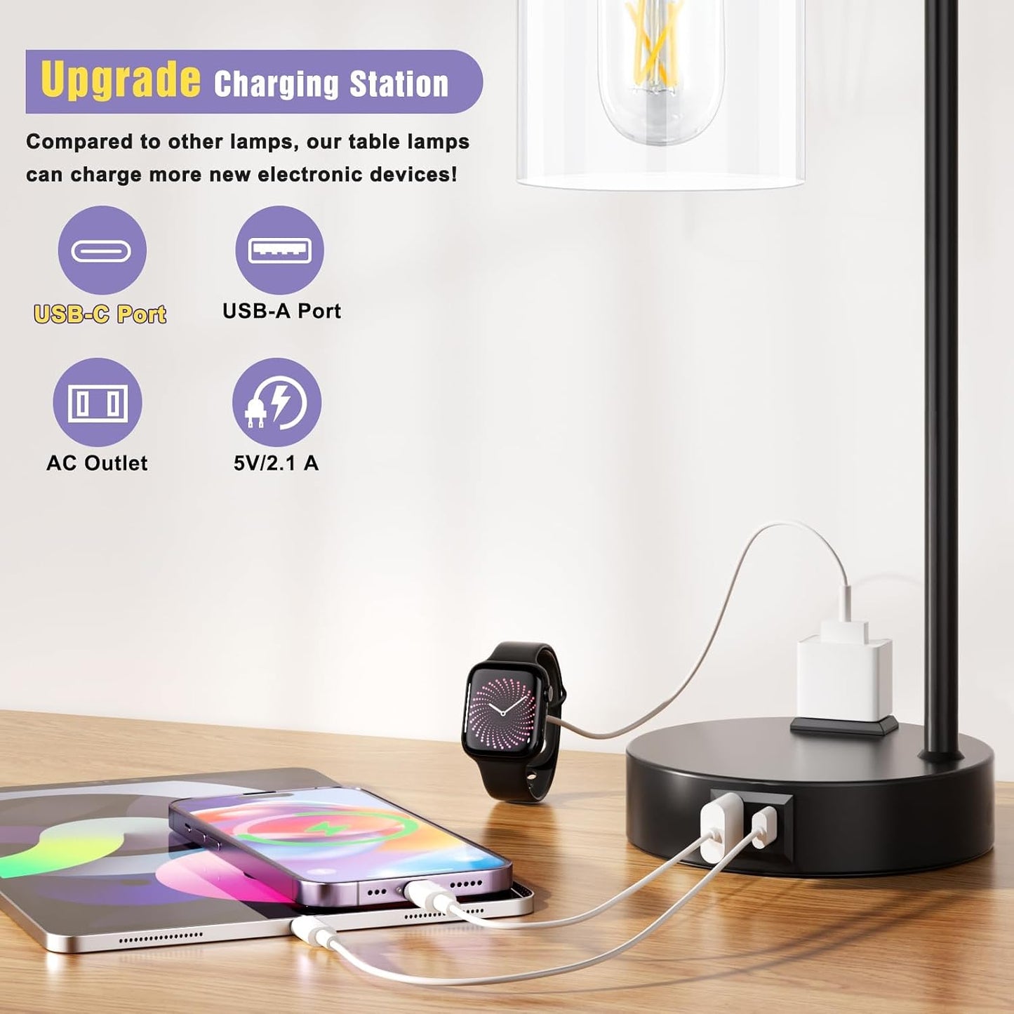 Industrial Touch Lamps for Nightstand Set of 2, 3-Way Dimmable Bedside Lamp | Glass Shade, USB C+A Charging Port & Outlet, Black Desk Lamps for Bedroom, Living Room, Home Office, Reading