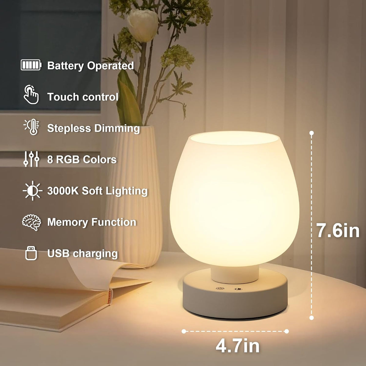 Cordless Touch Bedside Table Lamp, Small Rechargeable Battery RGB Light