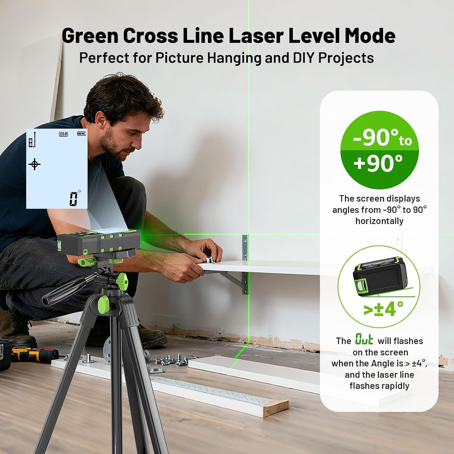 Laser Measuring Tool 3-in-1, Huepar 165 Ft Laser Measure & 33 Ft Green Cross Line Laser Level & 6.5 Ft Tape Measure, Rechargeable, Voice Broadcast, Multi-Mode, Rugged for Construction&Home Use, SW-T50