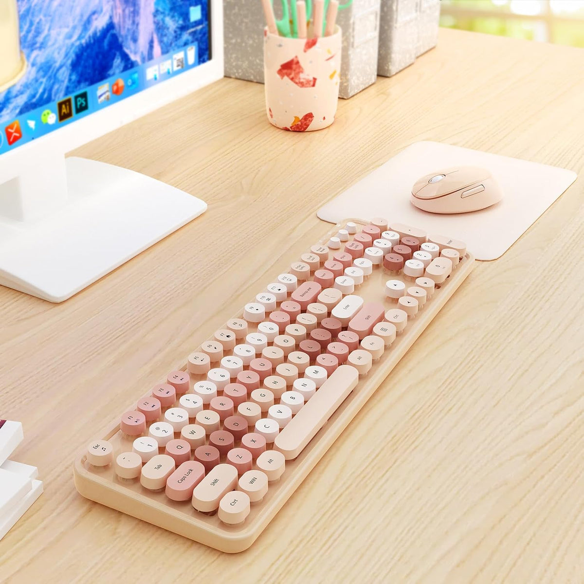 HotFox Wireless Keyboard and Mouse Combo, Full-Size Retro Typewriter Keyboard with Round Keycaps, Ergonomic Design for Windows PC, Home and Office Use -Brown