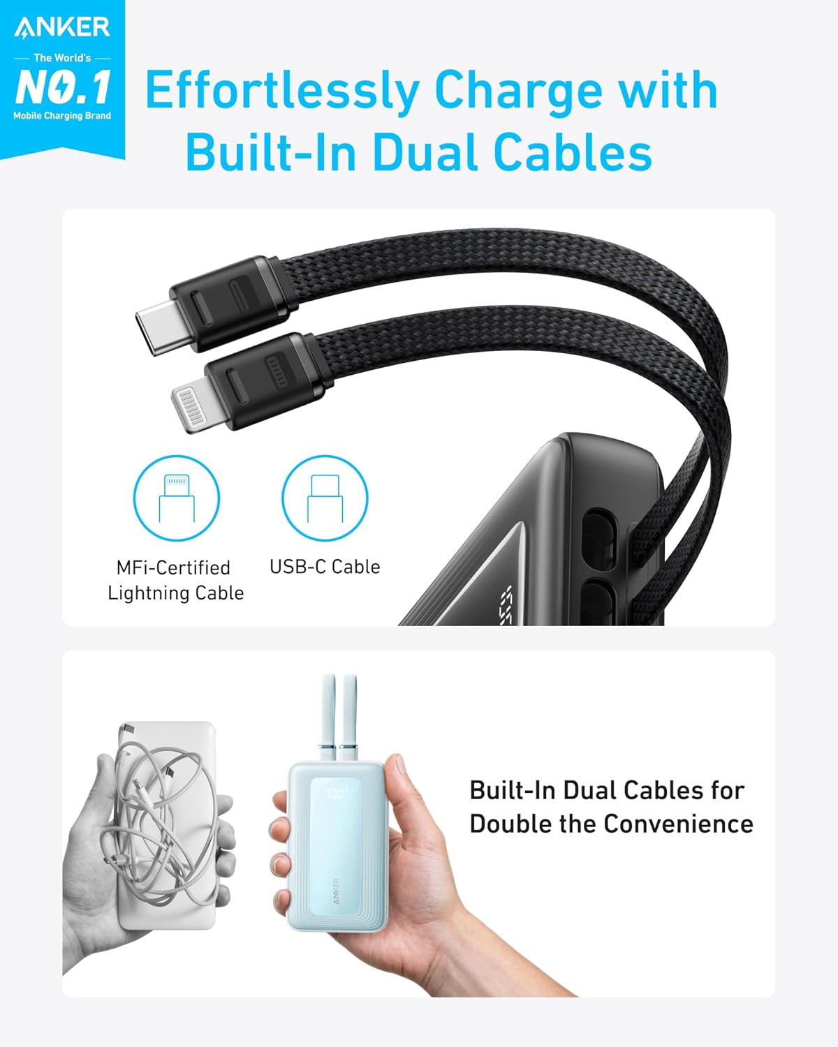 Anker Power Bank,20,000mAh 30W Portable Charger,USB-C and Lightning Cables