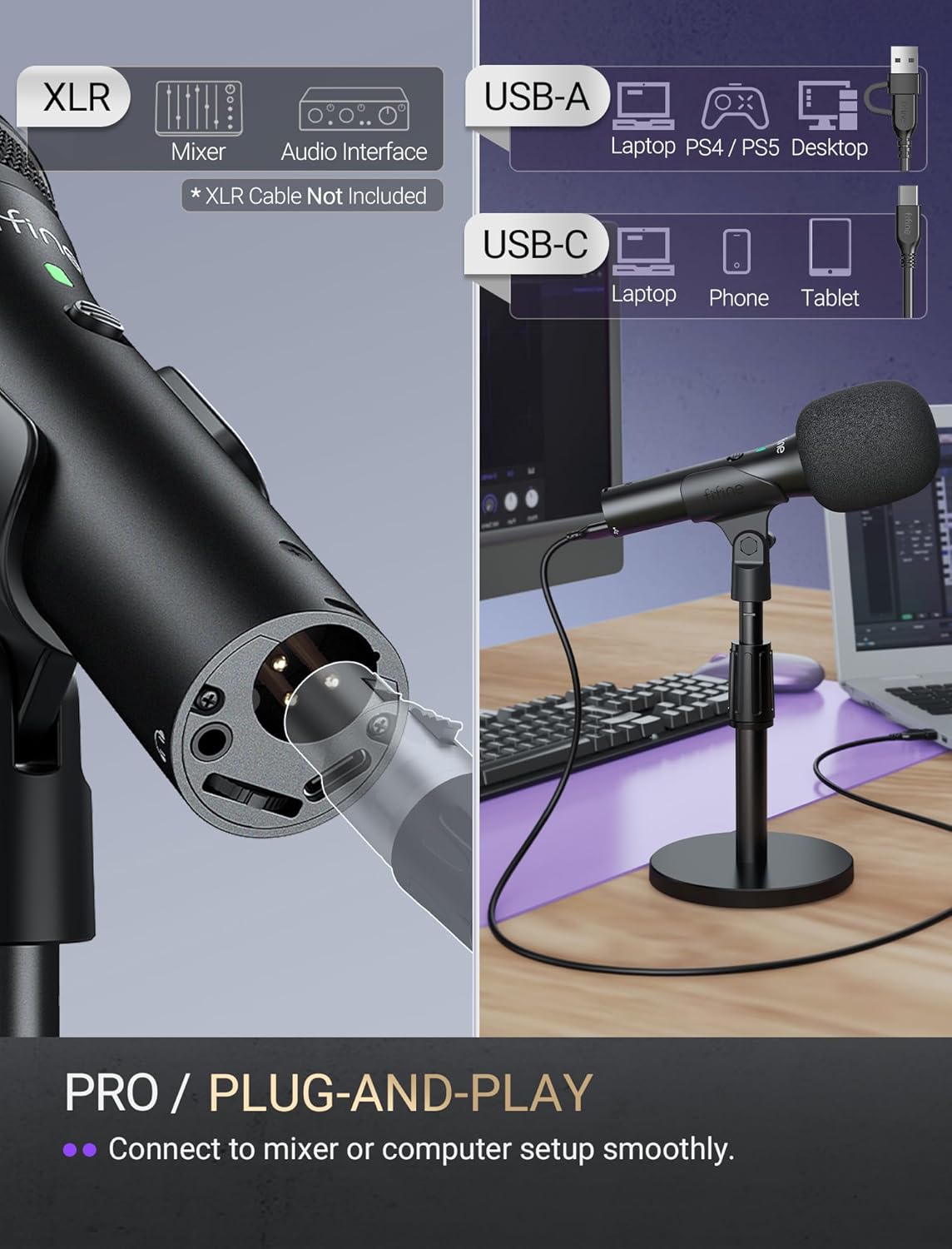 FIFINE AmpliTank TANK2 USB/XLR Dynamic Microphone for Podcast Recording | Studio Desktop Mic with Mute Button, Height-Adjustable Stand, Windscreen for Vocal, Streaming, Voice Over, Black