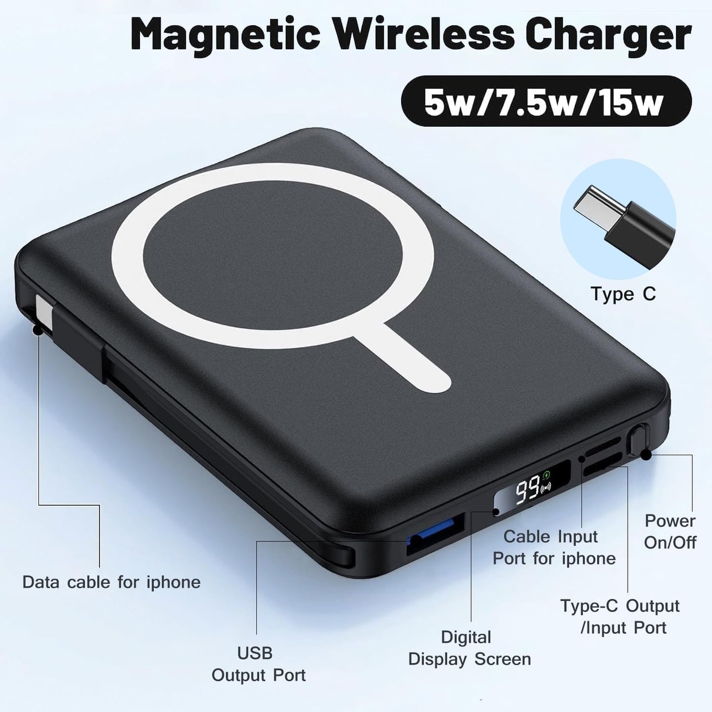 Azmuth for MagSafe Portable Charger, 10000mAh Magnetic Power Bank | 20W PD Fast Charging Magnetic Travel Charger with Dual USB-C LED Display for iPhone 17/16/15/14/13/12 Series