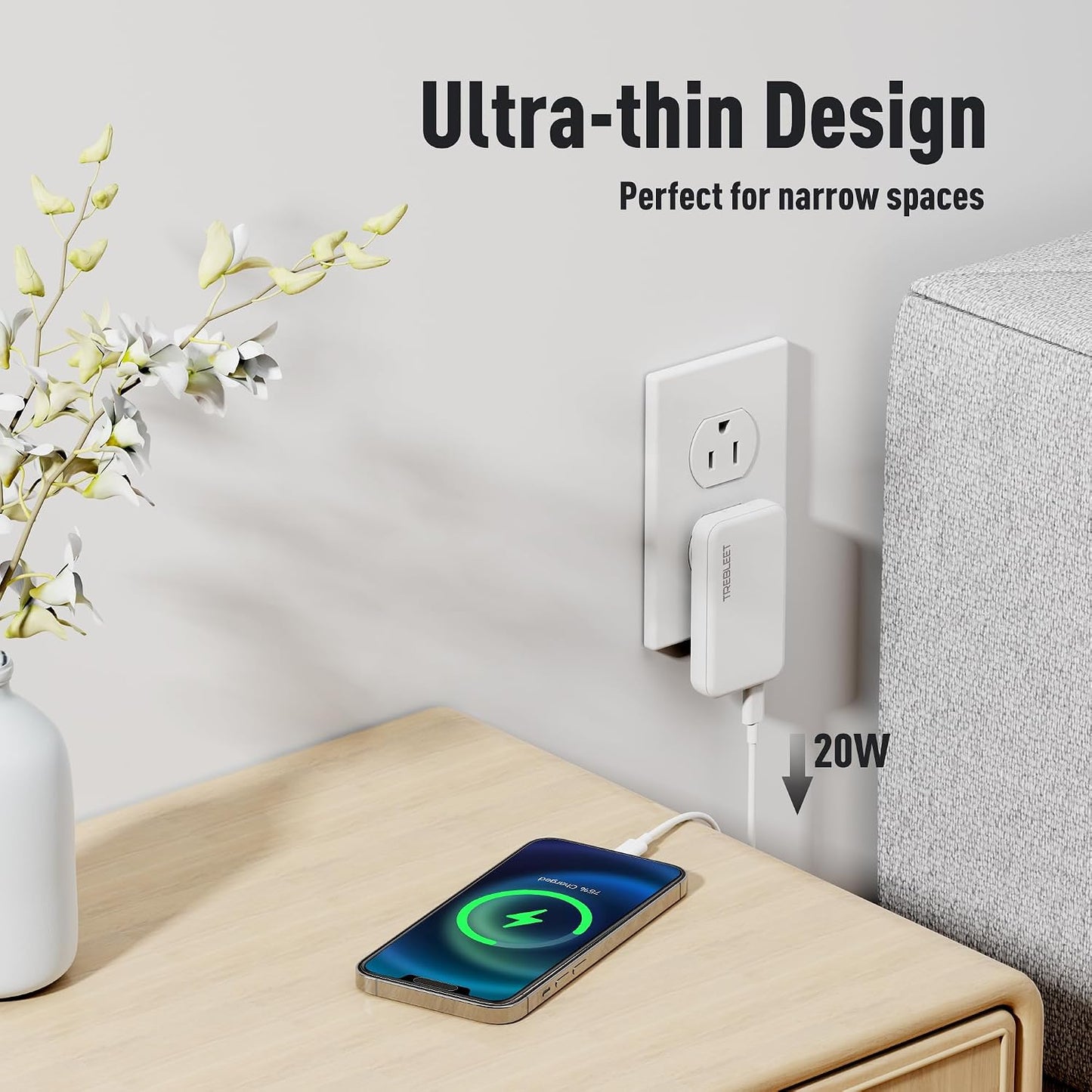 Ultra-Thin 20W USB-C PD Fast Portable Charger, 2-Port Wall Charger, Dual Port PD 3.0& QC 3.0 Compatible for iPhone 15 &15 Pro, 14&14Pro, 13/ 13Pro/ 12/12Pro/ Pixel 8& 8 Pro