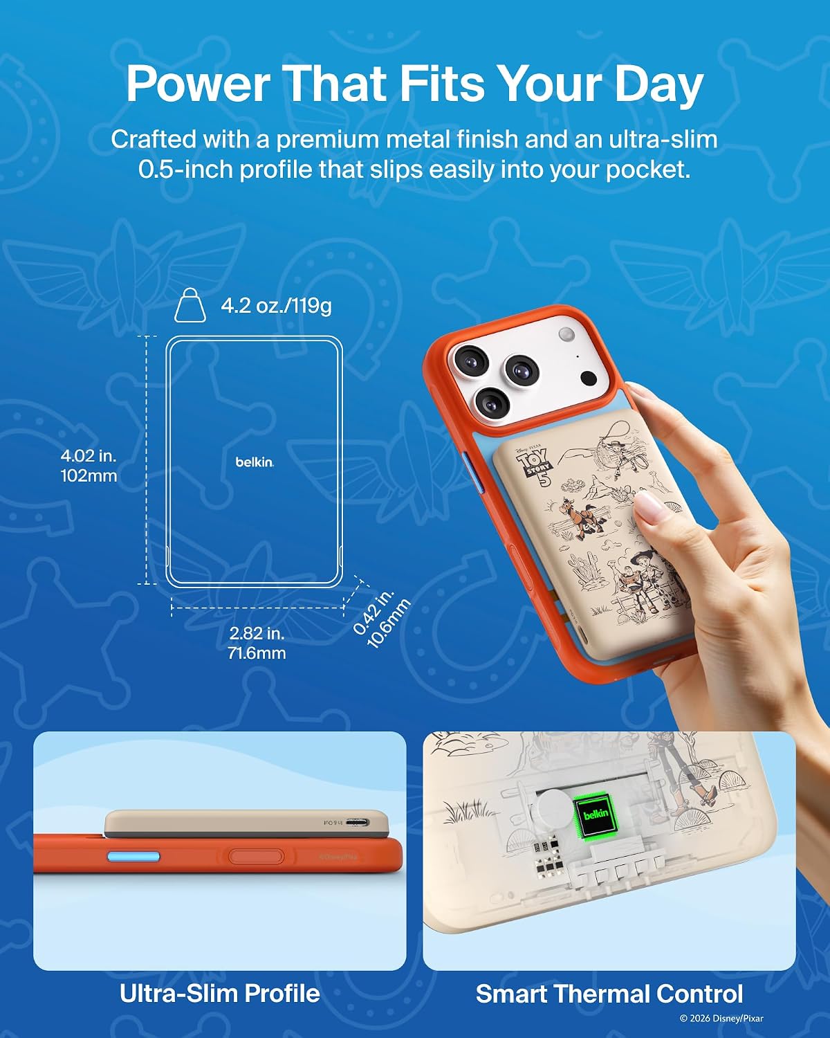 Belkin Disney Toy Story 5 Magnetic Power Bank 5000mAh Portable Charger | Wireless Charging Battery Pack, iPhone 17, iPad, Samsung Galaxy, Pixel, Ultra Slim, USB C Port, USB C Cable, Charge 2 Devices