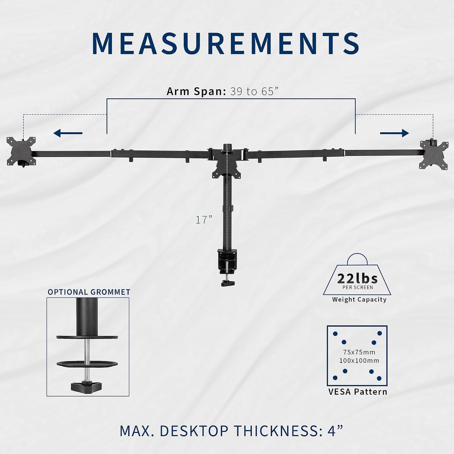 VIVO Premium Triple Monitor Desk Mount for 3 Screens up to 22 lbs, Fits up to 38 inch Ultrawides on Center Bracket, Adjustable Telescoping Arms, Flush Wall Setup, Black, STAND-TS03C