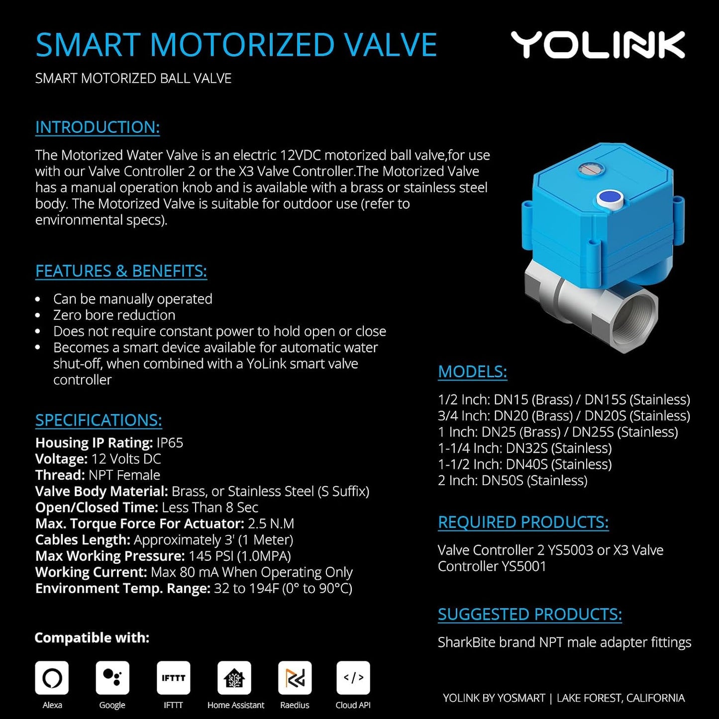 YoLink Wireless Smart Valve Control Kit, NSF Certified 3/4" Stainless Steel Motorized Valve, Wireless Controller 2, LoRa Long Range, D2D Offline with Leak Sensors, 2 Years Battery Backup