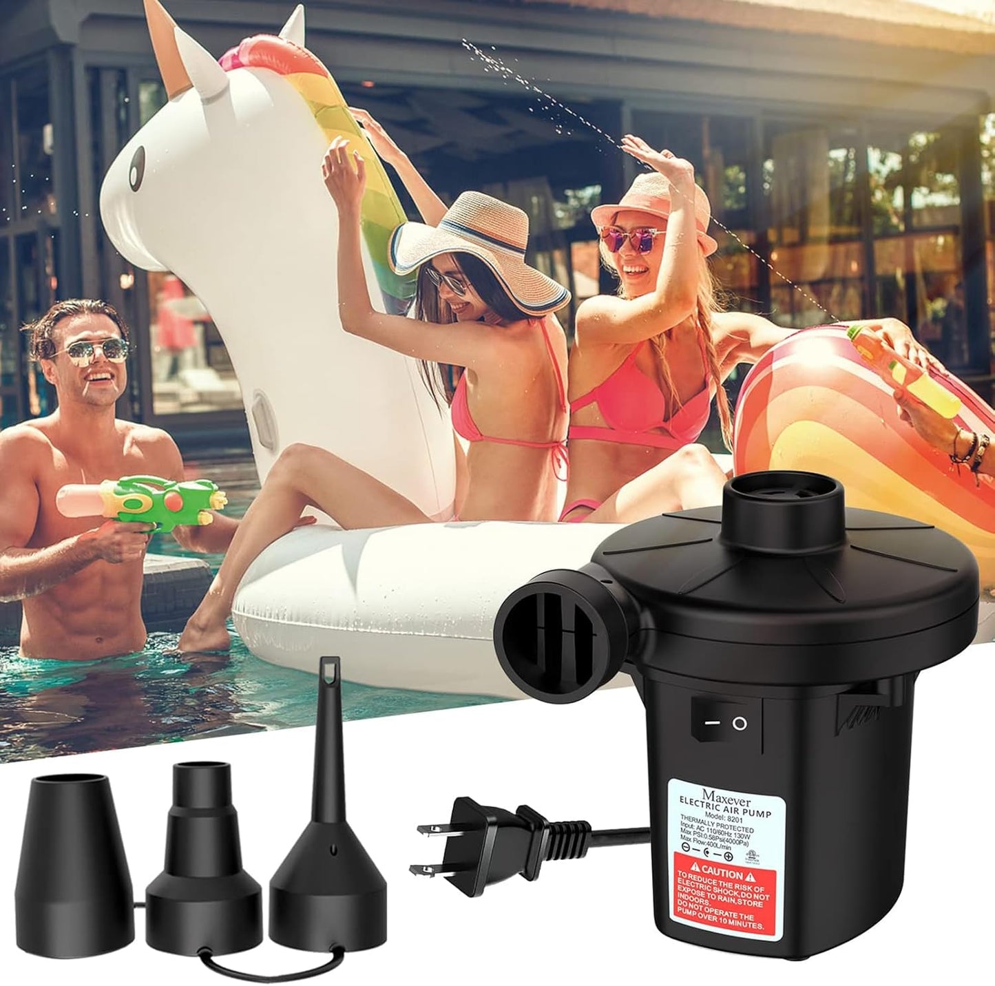 Quick-Fill Electric Air Pump with 3 Nozzles | 2 in 1 Inflator Deflator, Inflatables Pool Float Toys, Indoor Use & Outdoor Camping, AC 110V-120V