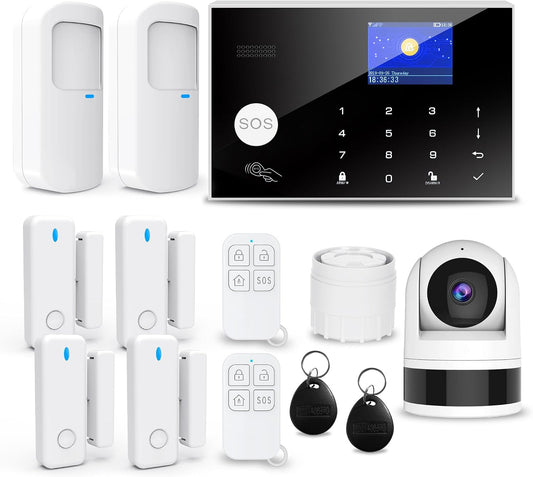 Wireless Home Alarm System, 13pcs GSM SMS 2G WiFi Full Burglar Alarm System, Siren Alarm with PIR, Door Window Sensor, Camera, Remote Control for Apartment, Garage, Office