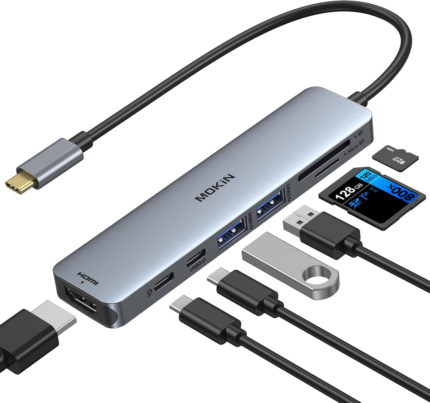 USB C Hub HDMI Adapter for MacBook Pro/Air, MOKiN 7 in 1 USB C Dongle with HDMI | 4K@60HZ HDMI, 3*5Gbps USB A 3.0, 100W USB C Charging Port, SD/microSD Card Reader