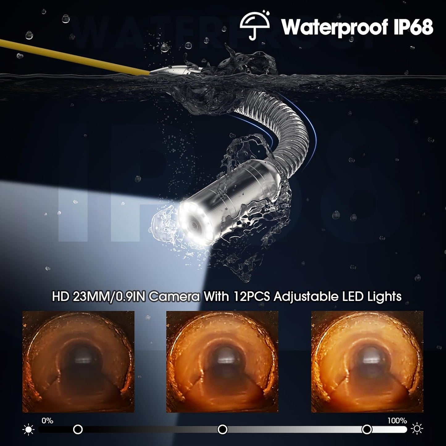 Sewer Camera 200FT,8500mAH 32GB HD JQKJCAM Duct Drain Pipe Inspection Camera with 12 Light,4.3" HD Video Screen,23MM/0.9'' Waterproof Plumbing Snake Cameras for Plumber Inspector (60m)
