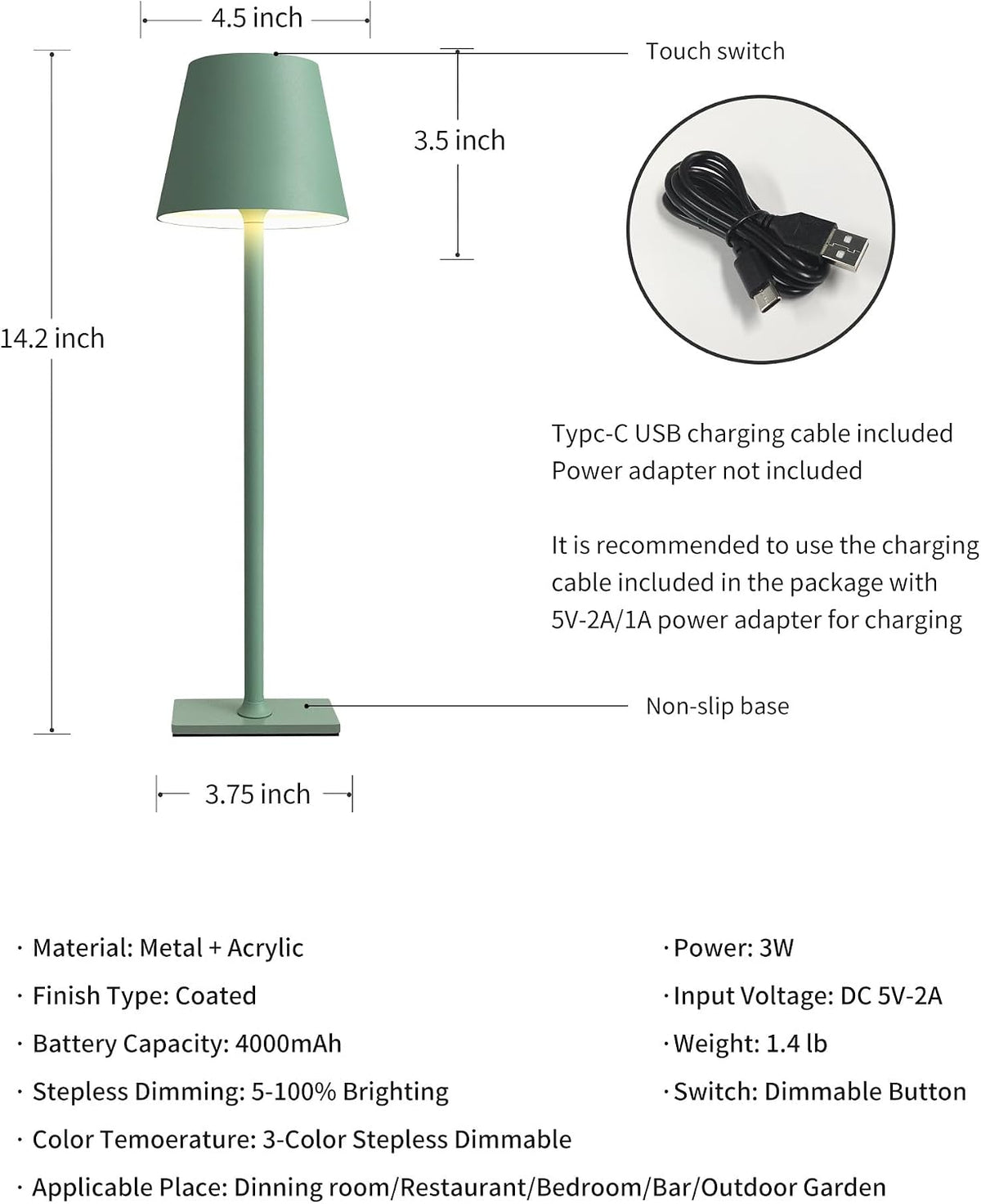 KDG 2 Pack Cordless Green Table Lamps, Rechargeable Portable LED Desk Lamps | 4000mAh Battery Operated 3 Color Stepless Dimming Up for Restaurant, Bedroom, Outdoor Party, Camping, Coffee Shop, Nightlight