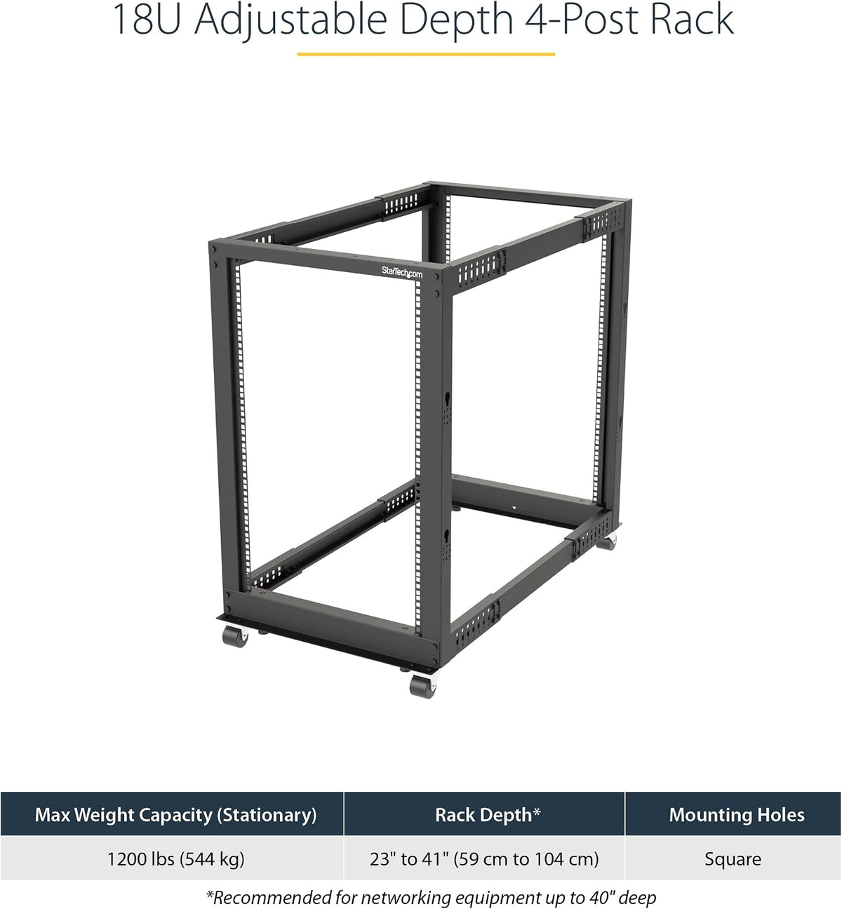 StarTech 18U 4-Post Server Rack, 19in Open Frame Rack with 40in (101cm) Mounting Depth and 1200lb (544kg) Weight Capacity, Mobile or Floor Mount IT Rack