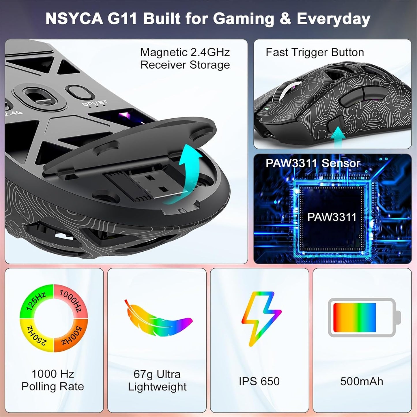 G11 Lightweight Wireless Gaming Mouse for FPS & Competitive Gaming, Tri-Mode Bluetooth 5.1/2.4GHz/USB-C, 22000 DPI RGB Mouse with Programmable Buttons for PC, Laptop & Mac