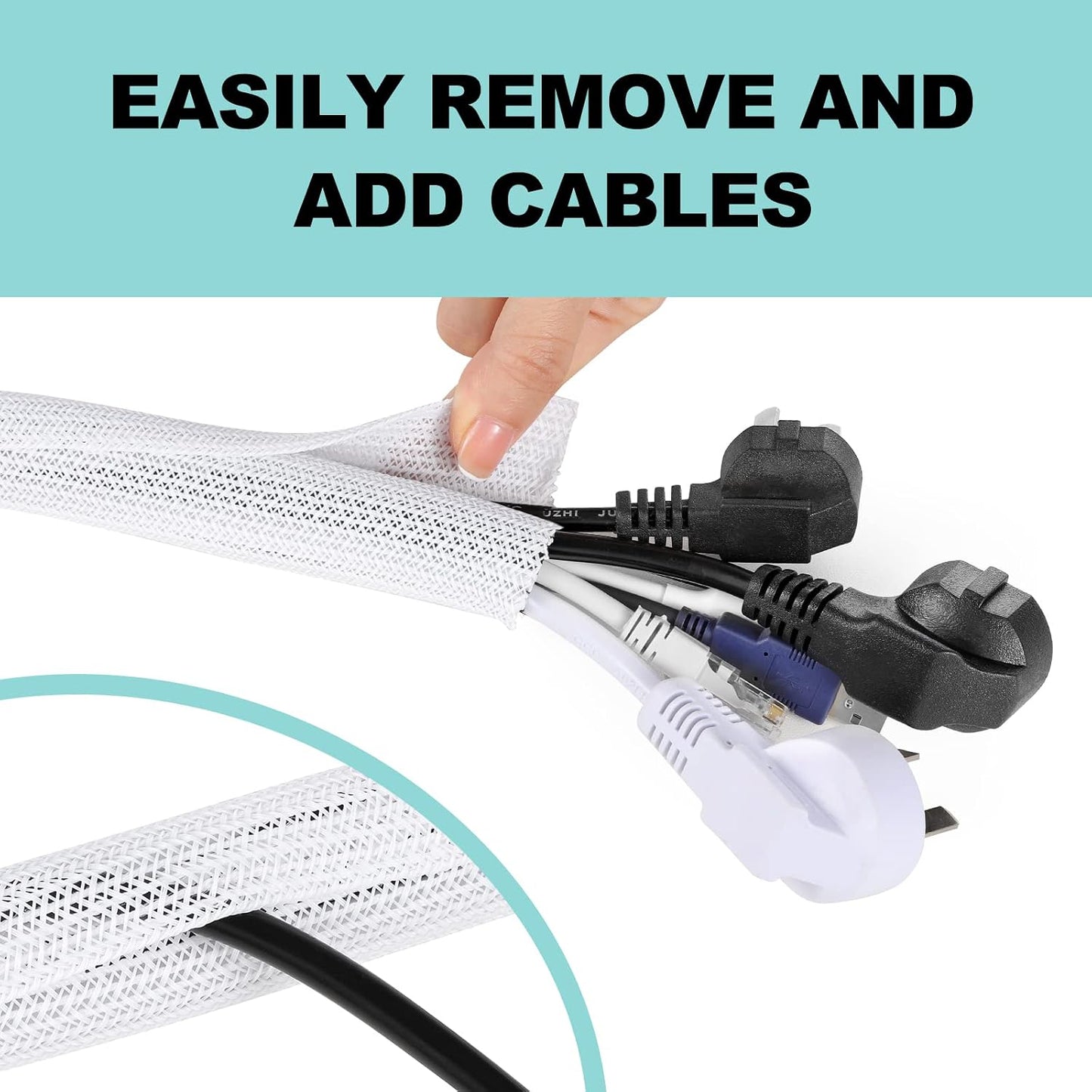 AGPTEK White Cable Sleeve, 2 Pack 5ft - 1.2 Inch Cable Management Cord Hide | Desk Cord Cover Organizer Wire Hider for Office Computer TV Wire Loom Tubing Pet-Proof Cord Protector from Cat Dog Chewing