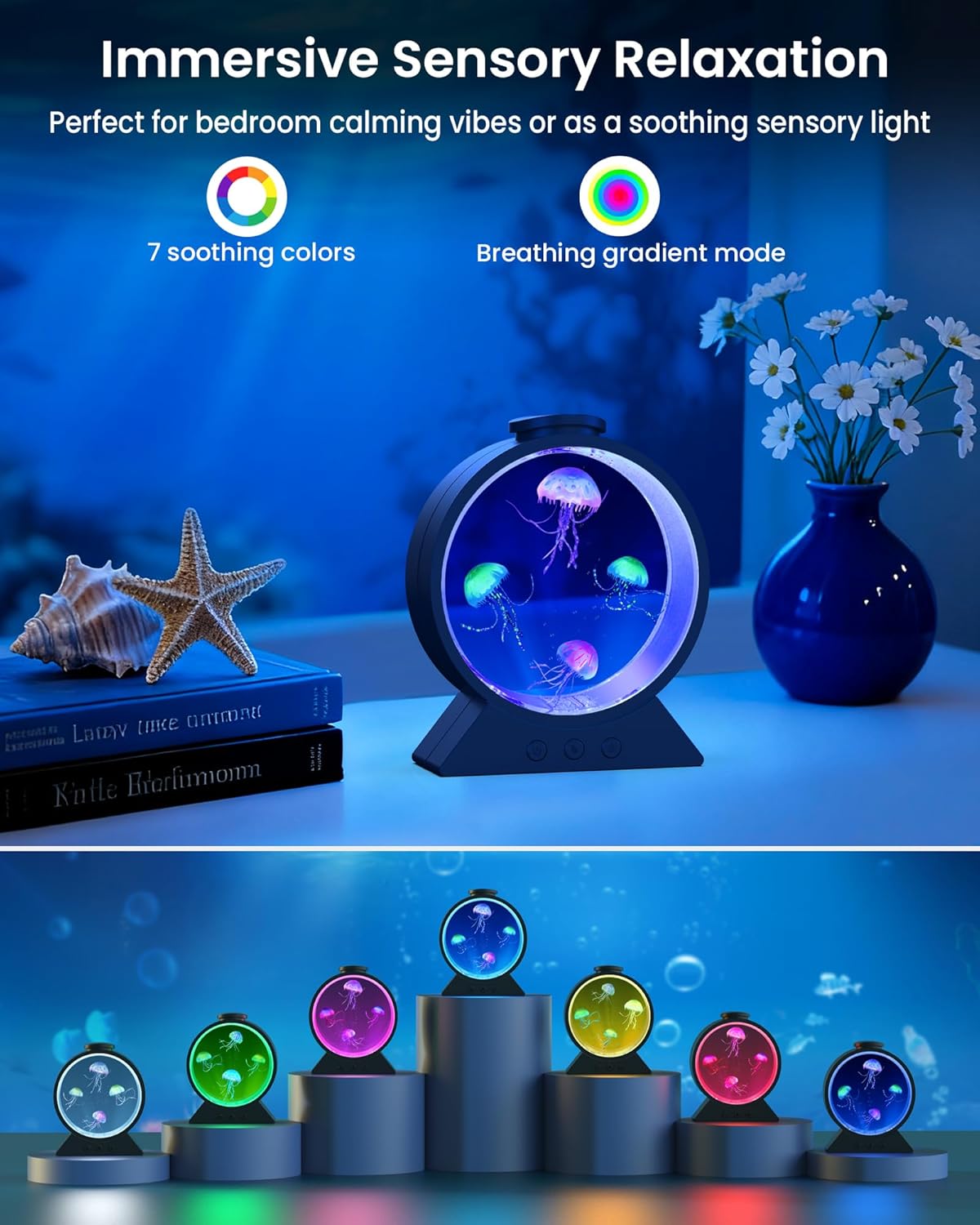 Jellyfish Lamp for Sleep Anxiety Calming Night Light for Bedroom(Black) | Whisper-Quiet Sensory | 7 Soft Color Modes | Adjustable Water Flow | 8H Auto-Off Timer | Rounded Tank Lamp Gift for All Ages