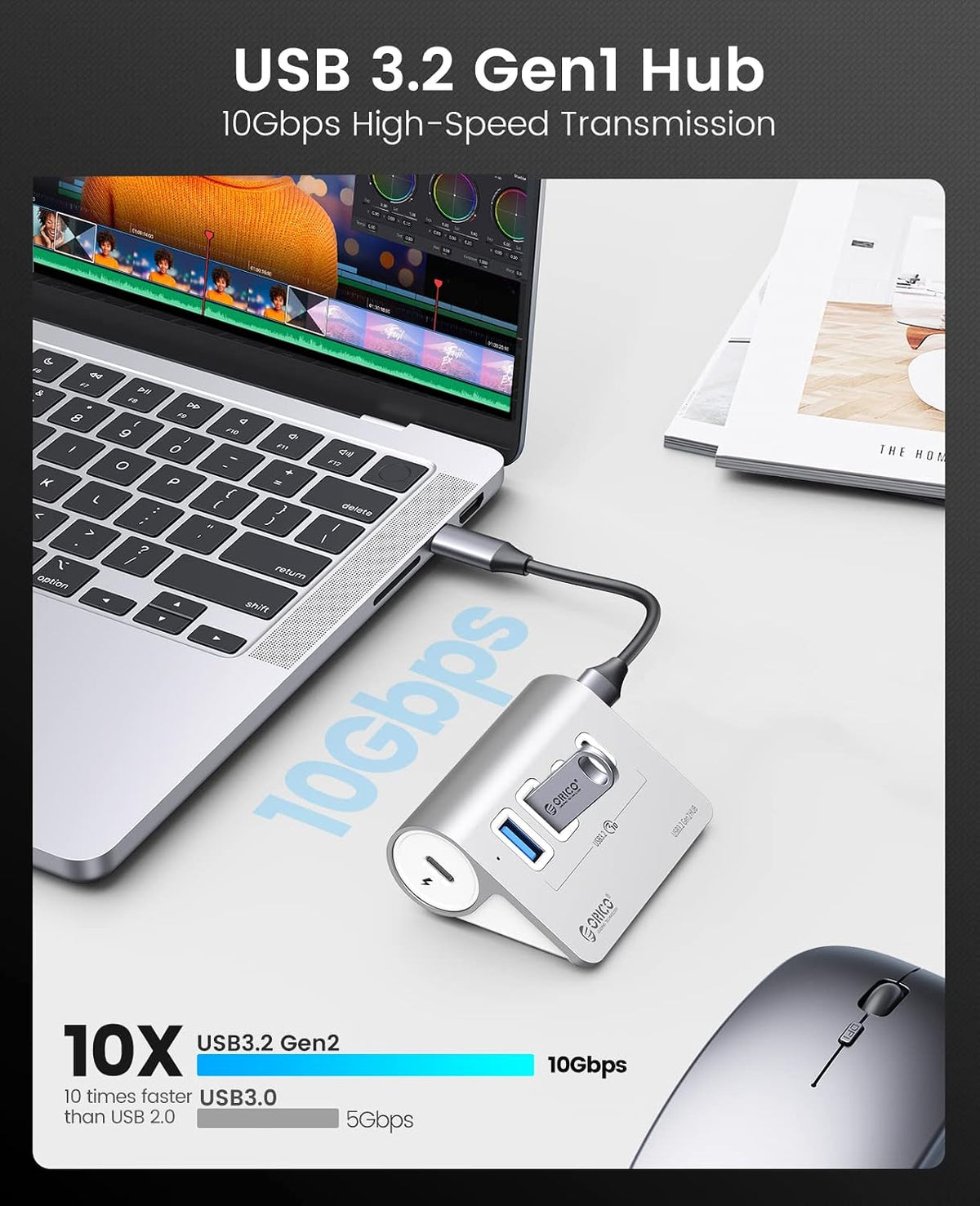 ORICO 4-Port Desktop USB 3.2 Hub, 10Gbps Aluminium USB Splitter for Laptop