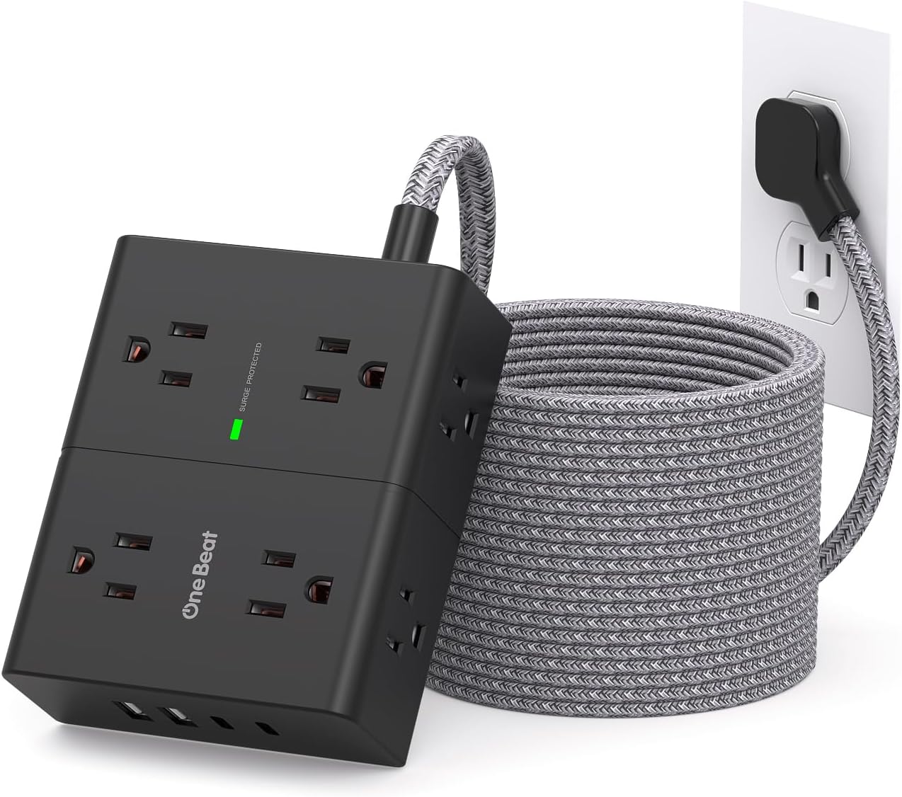 Surge Protector Power Strip 25 Ft Cord, Ultra Thin Flat Extension Cord with 8 Outlets 4 USB Ports(2 USB C), Flat Plug Power Strip, 25 Ft Long Braided Power Cord for College Dorm Room Essentials-BK