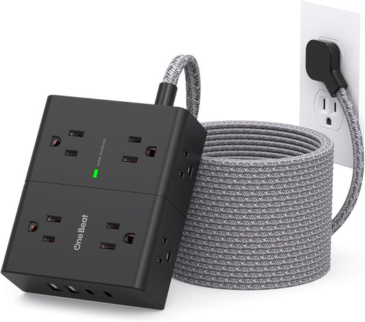 Surge Protector Power Strip 25 Ft Cord, Ultra Thin Flat Extension Cord with 8 Outlets 4 USB Ports(2 USB C), Flat Plug Power Strip, 25 Ft Long Braided Power Cord for College Dorm Room Essentials-BK