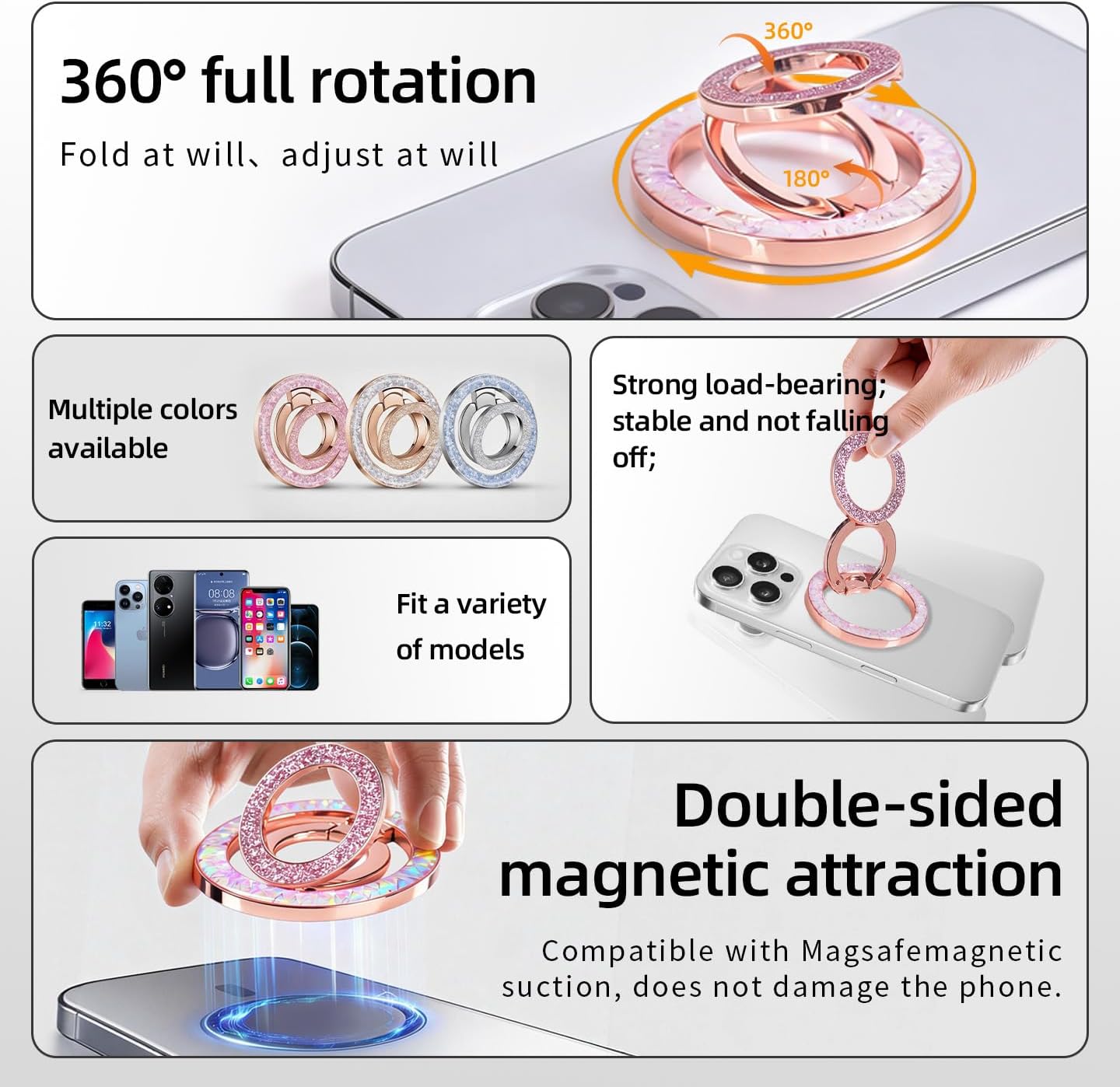 Magnetic Phone Ring for MagSafe Phone Grip - [Super Magnet] Stylish Ring Holder Stand with for iPhone 17 16 15 14 13 12 Pro Max Air, Mag Safe Women Decor Accessories, Glitter Gold 2026 New