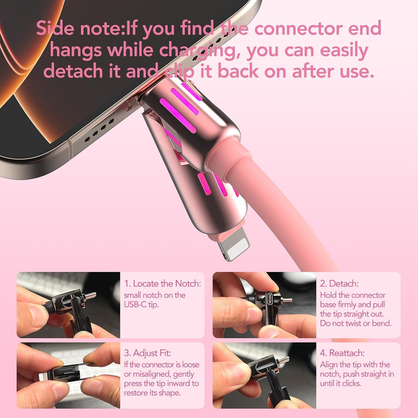 240W 4-in-1 Fast Charging Cable, Pink, 6.6FT | Carrying Case, USB-A & USB-C to USB-C/Lightning, For iPhone 17/16/15/14, MacBook, iPad, Laptop, Samsung S25/S24