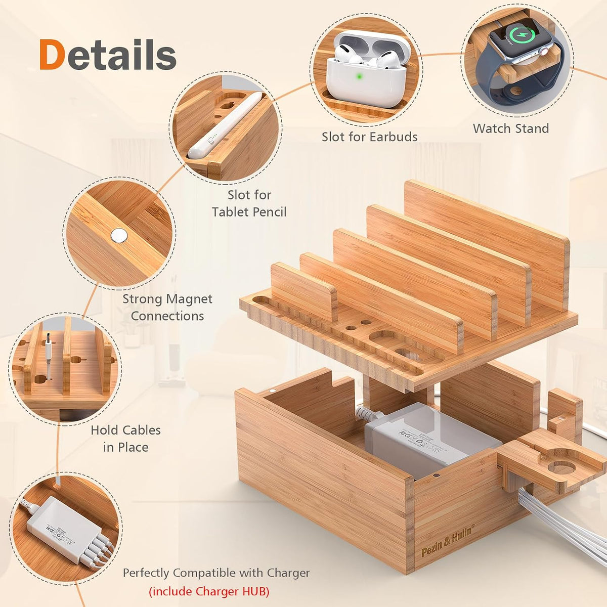 Pezin & Hulin Bamboo Charging Station for Multiple Devices with 5-Port HUB