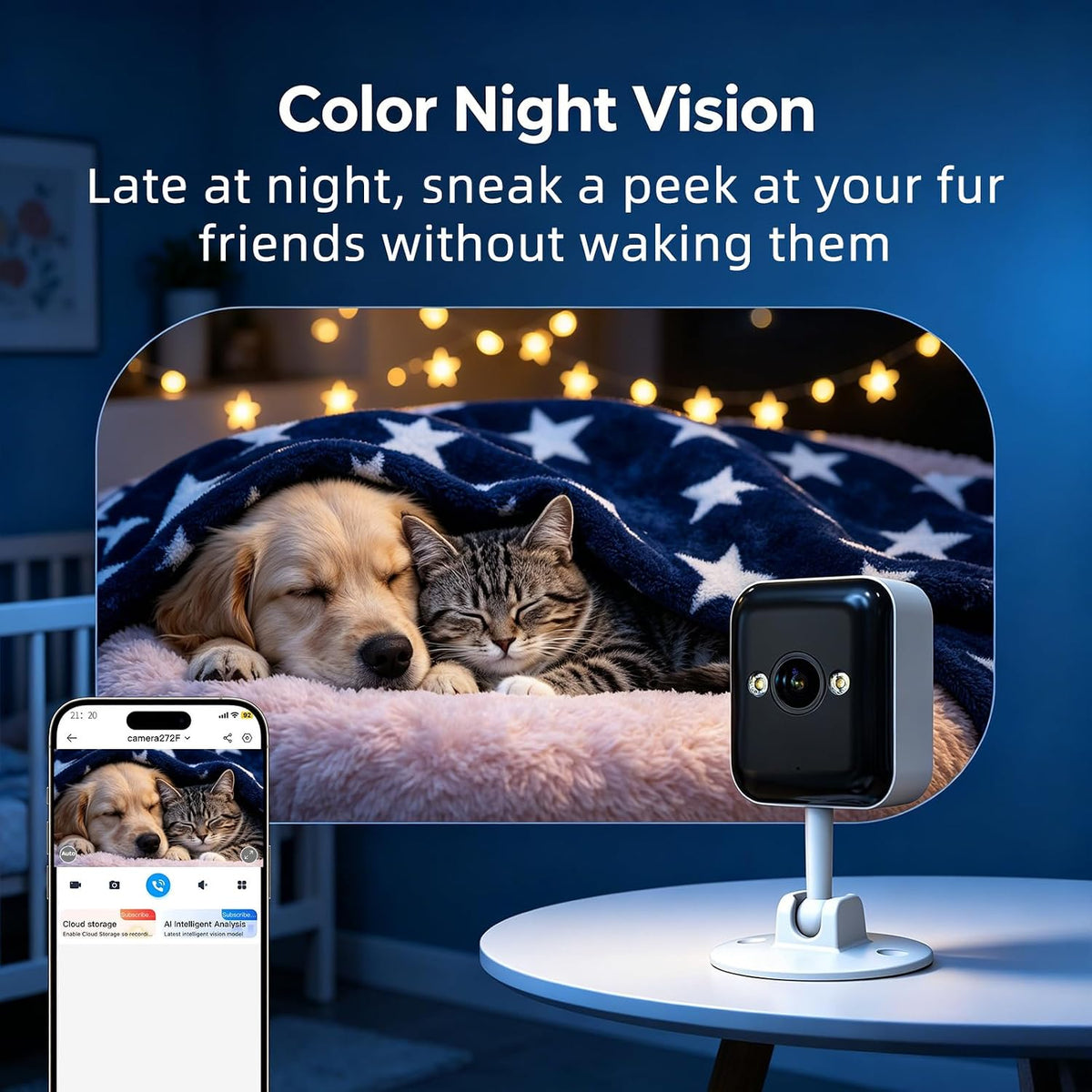 JOOAN 2K Indoor Outdoor Security Camera, 2.4G WiFi, IP66 Waterproof, Motion Detection, 2-Way Audio, Color Night Vision, for Baby/Elderly/Cat/Dog, Multi-User Shared, Local & Cloud Storage, Plug-in