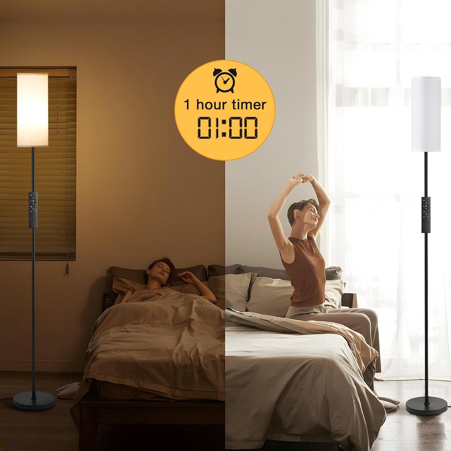 64'' Floor Lamps for Living Room with Remote Control and RGB + Stepless Dimmable Colors Temperature & Brightness, 9W Smart Bulb Included(White Shade & Black Pole)