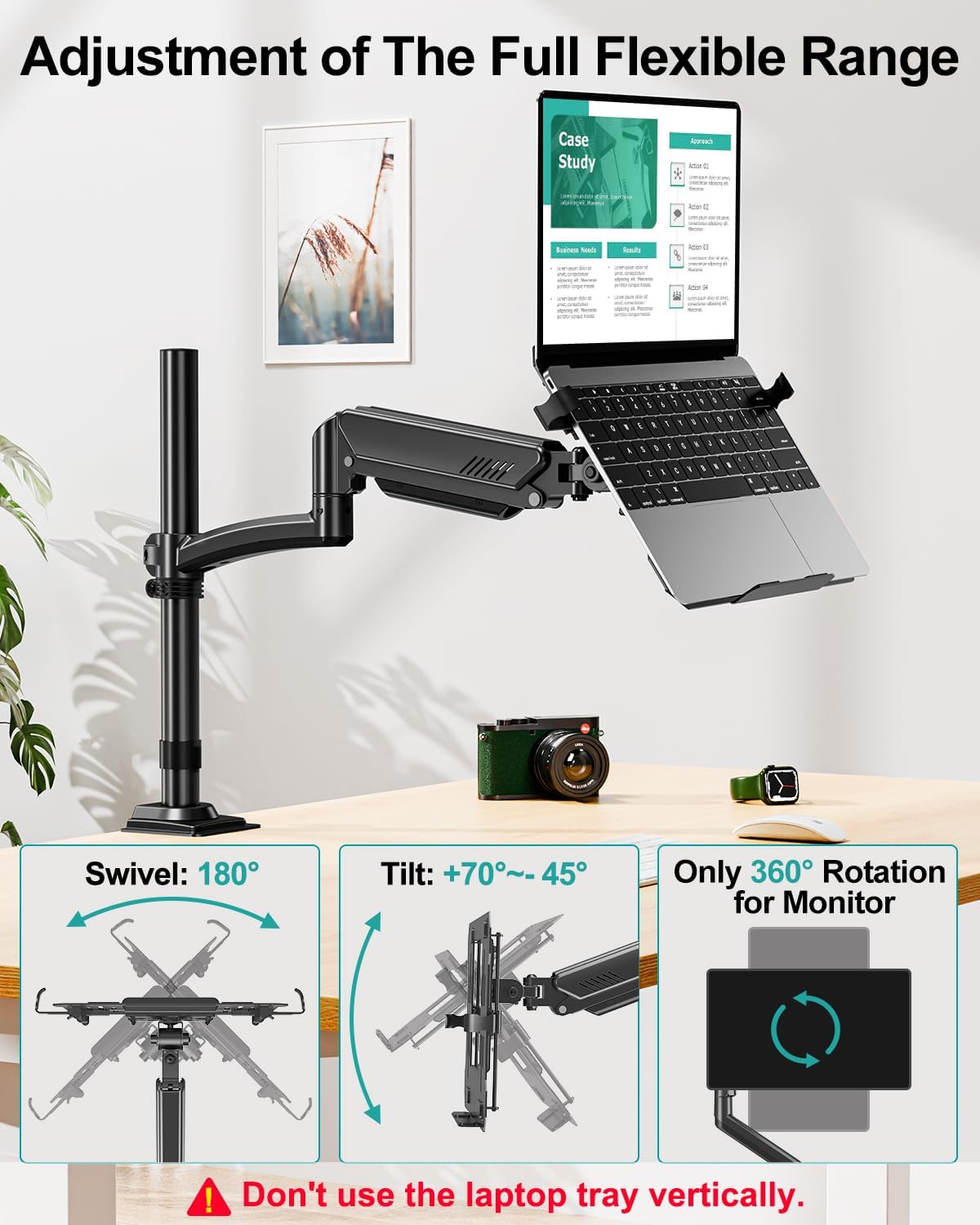 MOUNT PRO Laptop Arm Desk Mount, Single Monitor Stand with VESA Laptop Tray, Adjustable Lap Top Holder for Max 22lbs 17" Notebook &amp; 32" Computer Screen, Swivel Notebook Bracket, Clamp on/Grommet Base