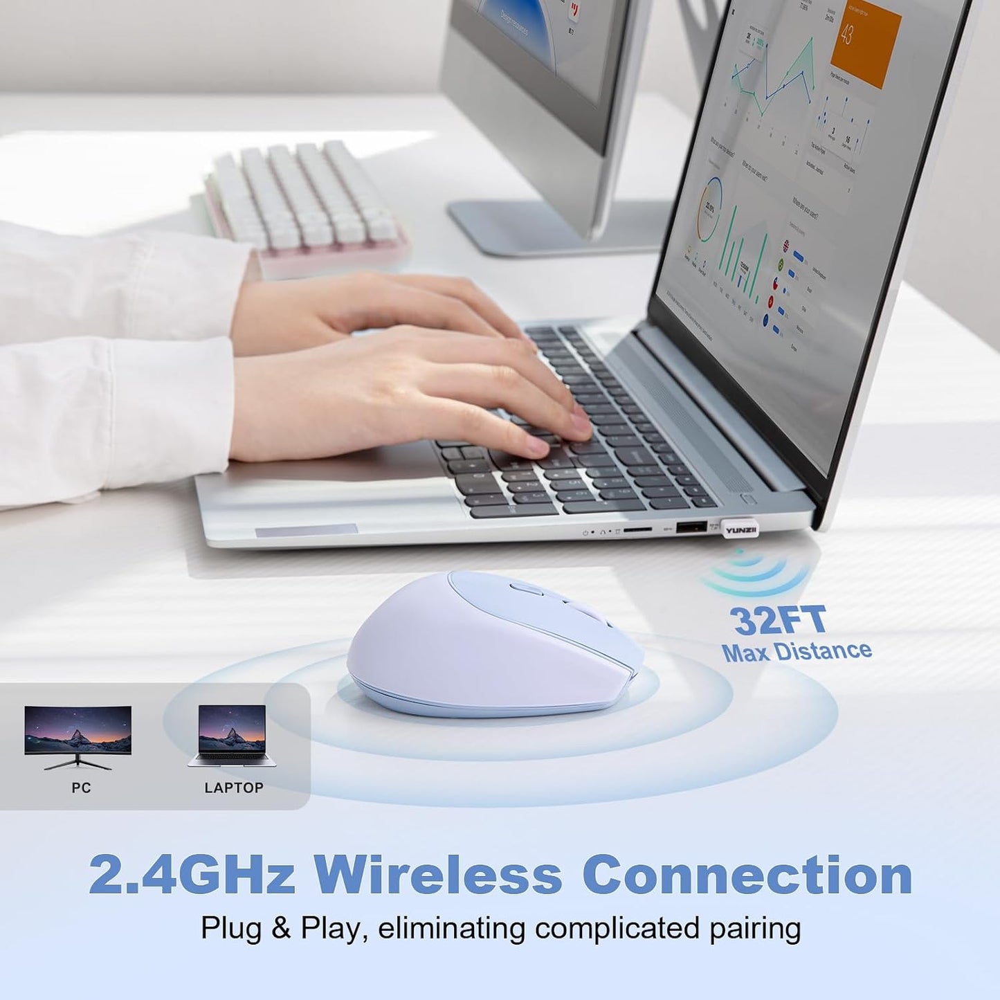 YUNZII C2 Silicone Wireless Mouse 1600 DPI Optical 2.4GHz (Blue) | 2.4GHz Connection, Noiseless Computer Mice, Quiet Clicks, 3-Level DPI, Up to 1600, Optical Tracking, for Laptop/PC/Mac