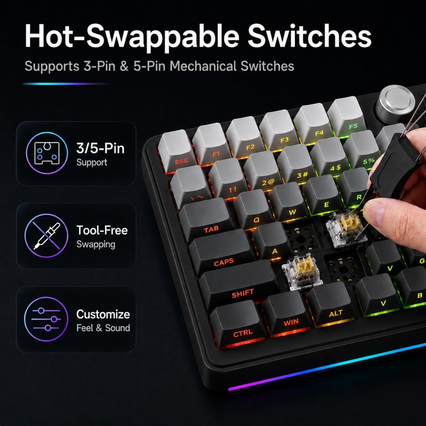 AOC GK330 75% Wireless Mechanical Gaming Keyboard, Hot-Swappable 3-Mode RGB | BT/2.4GHz/USB-C Connectivity, Pre-Lubed Reaper Switches, Anti-Ghosting, Gasket Mount and 5-Layer Sound-Dampening Padding