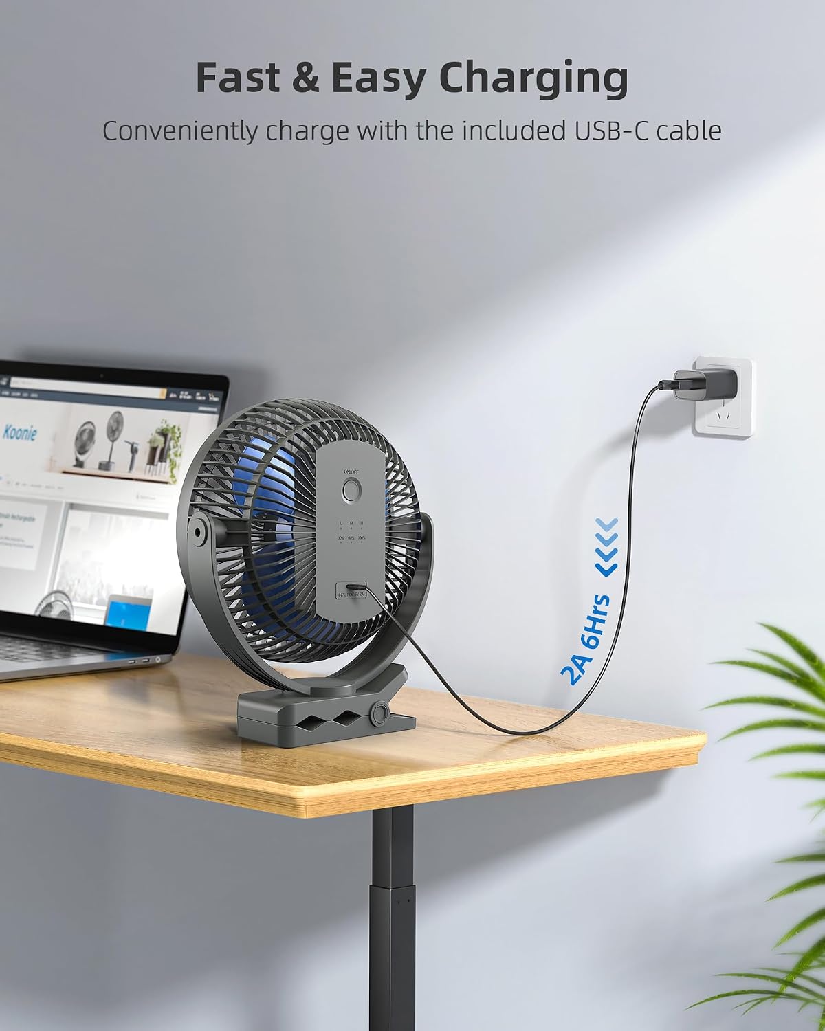 Koonie 8" Clip on Fan, 10000mAh Rechargeable Battery, Strong Airflow | 4 Speeds, Sturdy Clamp, Ideal Portable USB Desk Fan for Office, Golf Cart, Camping, Travel, Tent, Outdoor, Treadmill & Gym
