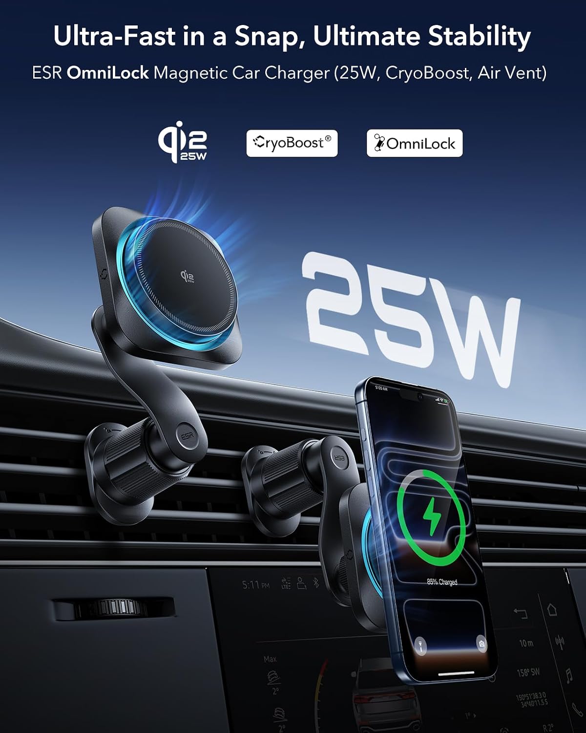 ESR OmniLock Qi2.2 25W Certified MagSafe Car Mount Charger with Cryoboost | Phone Cooling MagSafe Car Charger, 360° Rotatable, Air Vent Magnetic Car Phone Holder for iPhone 17/16 with iOS 26, S26 Ultra