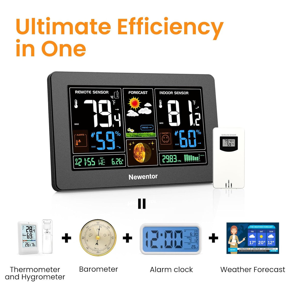 Newentor Weather Station Wireless Indoor Outdoor Thermometer, Black,1Sensor