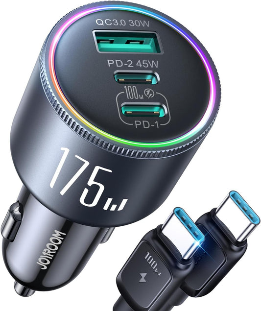 JOYROOM 175W Car Charger USB C Fast Charge, 3-Port Super Fast Car Charger | [GaN] PD100W+PD45W+QC30W, Car Cigarette Lighter USB Charger with 100W USB-C Cable for iPhone, Samsung, Pixel, MacBook, iPad