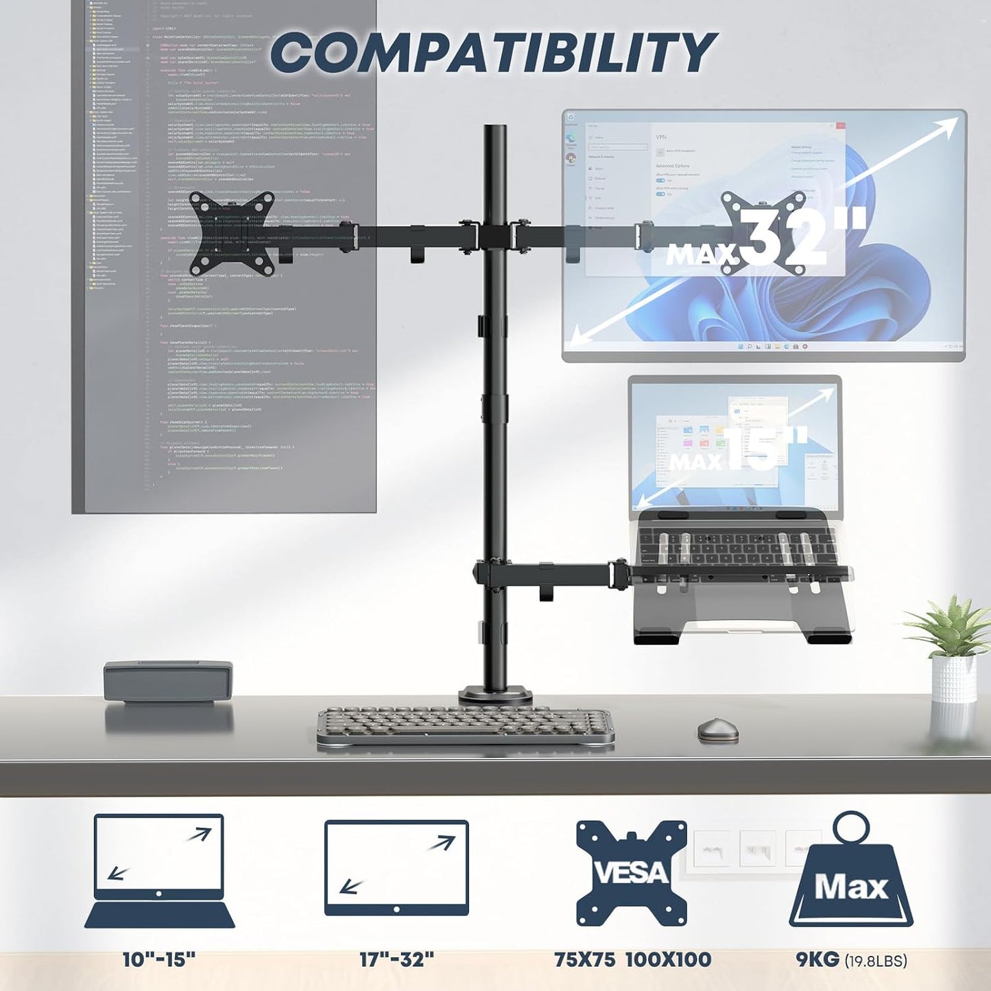 Dual Monitor Stand and Laptop Mount, Fits 32" Monitor &amp; 15" Laptops | Extra Tall Adjustable Stand Holds 19.8 lbs per Arm, Sturdy C-clamp/Grommet Base, Egonomic Setup for Home Office,Black