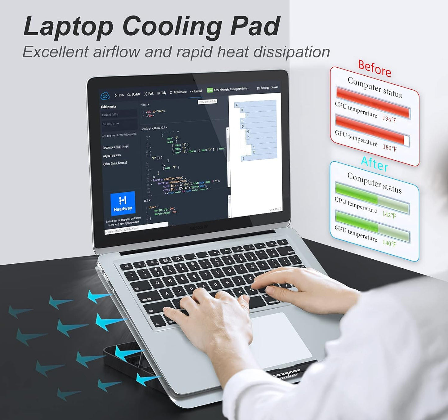 Aluminum Laptop Cooling Pad, Laptop Cooler Stand with 7 Height Adjustable, Laptop Fan Cooling Pad for Laptop 12-15.6 Inch, Notebook Cooler Pad with Two USB Port (Silver)