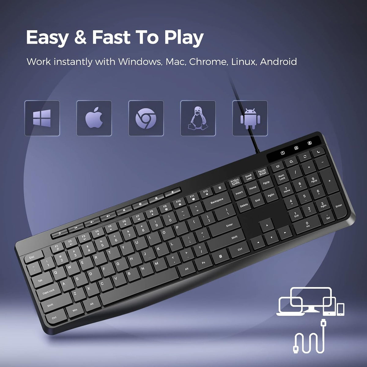 Virfour Wired USB Computer Keyboard, Quiet Keyboard with Multimedia Keys | Virfour Silent Keyboard with Low Profile Chiclet Keys,Spill-Resistant, Anti-Wear Letters,Full Size for Laptop,Desktop