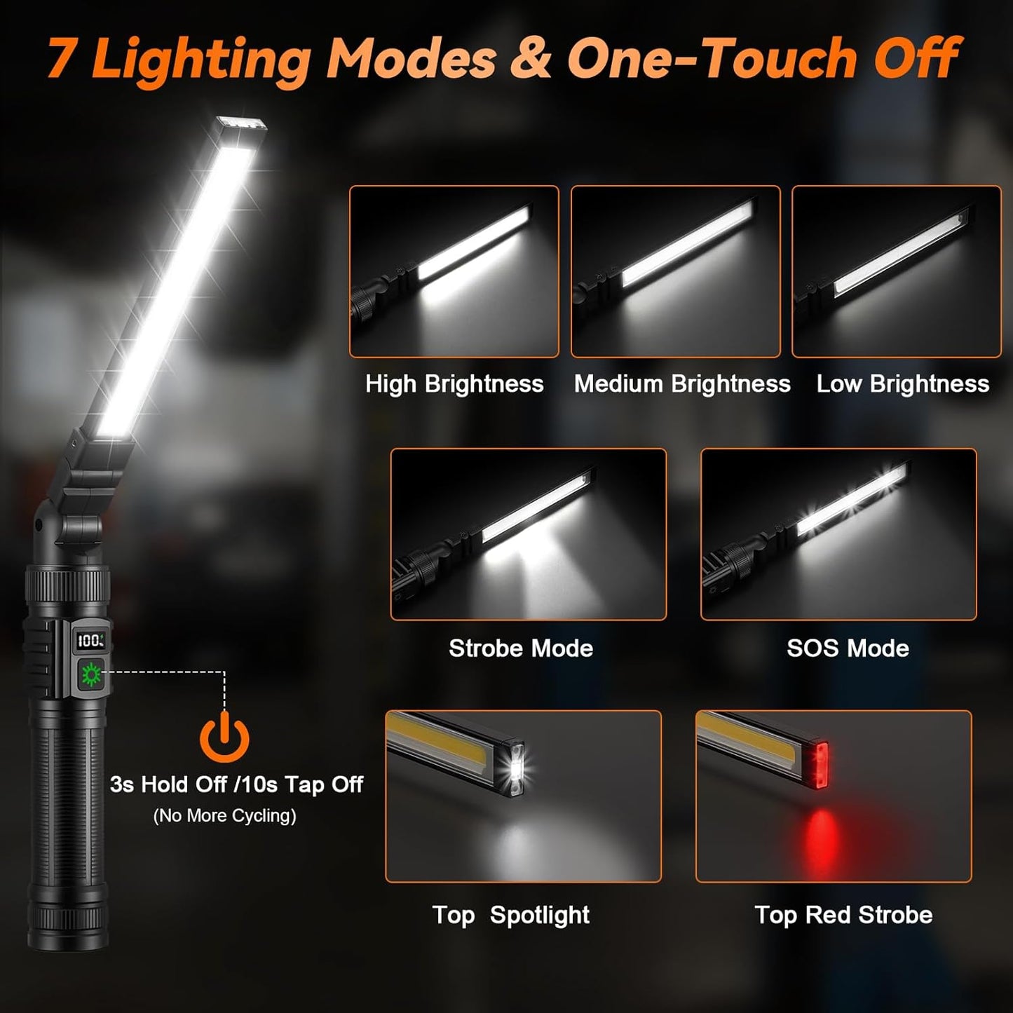 2Pack Magnetic Rechargeable LED Work Light/Flashlight for Mechanics | All Aluminum, 1500 High Lumens, Digital Display, 7 Modes, 360° Rotation, for Car Repairing, Emergency, Gifts for Father